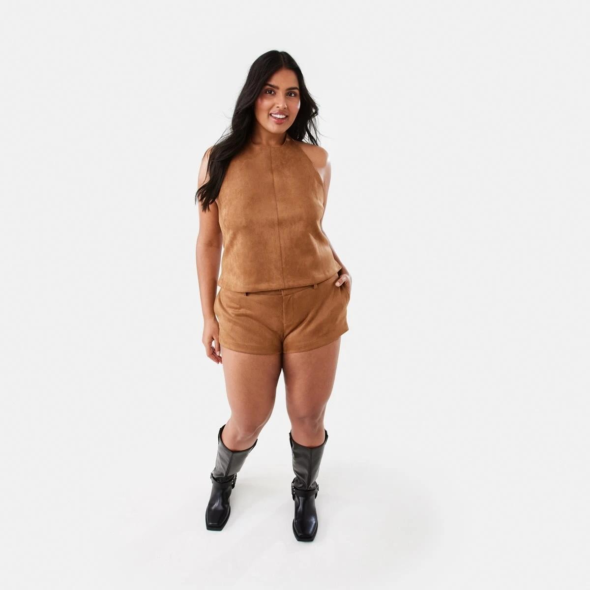 4 Sleeveless Halter Suede Top DEEP CAMEL, 4 of 10