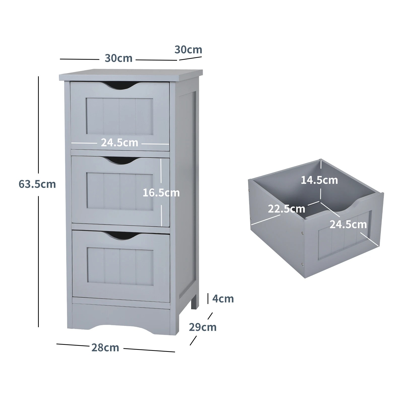 2 Costway 3-Drawers Storage Cabinet Freestanding Beside Table - Grey, 2 of 5