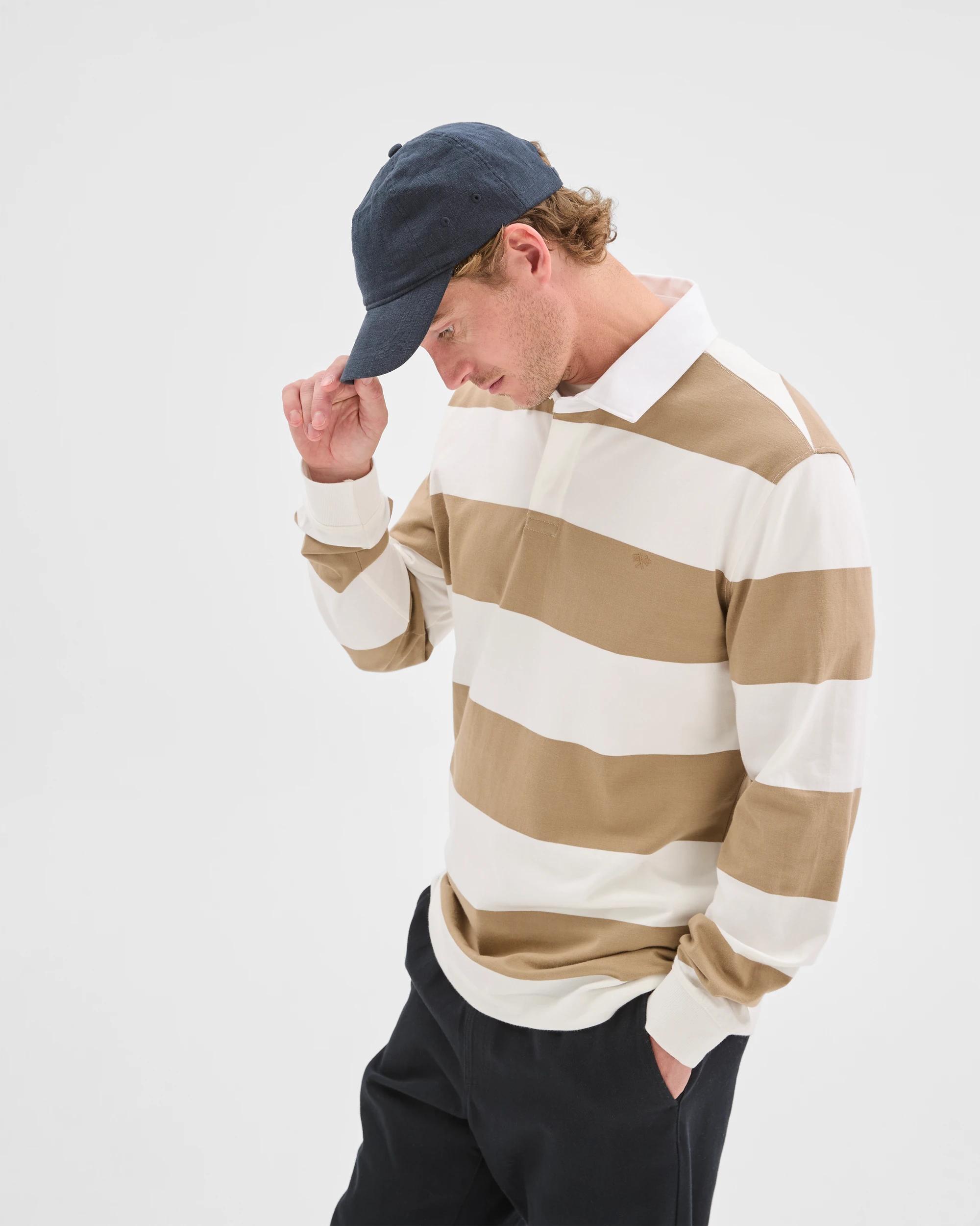 3 Target Man Australian Cotton Long Sleeve Rugby Stripe Polo Top BIRCH STRIPE, 3 of 6