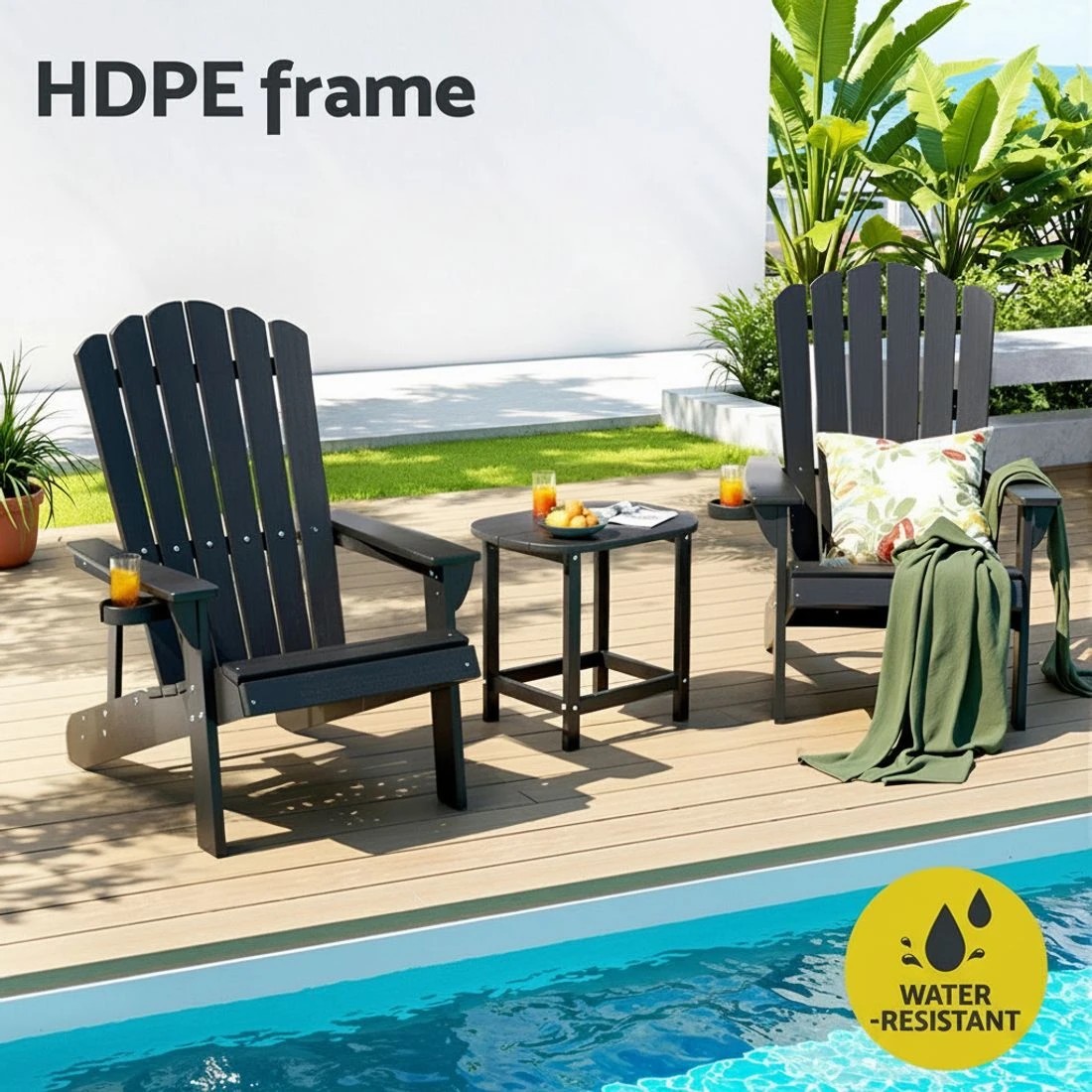 3 Gardeon Outdoor Chairs HDPE Adirondack Beach Chair Sun Lounge Patio Furniture Garden - Black, 3 of 6