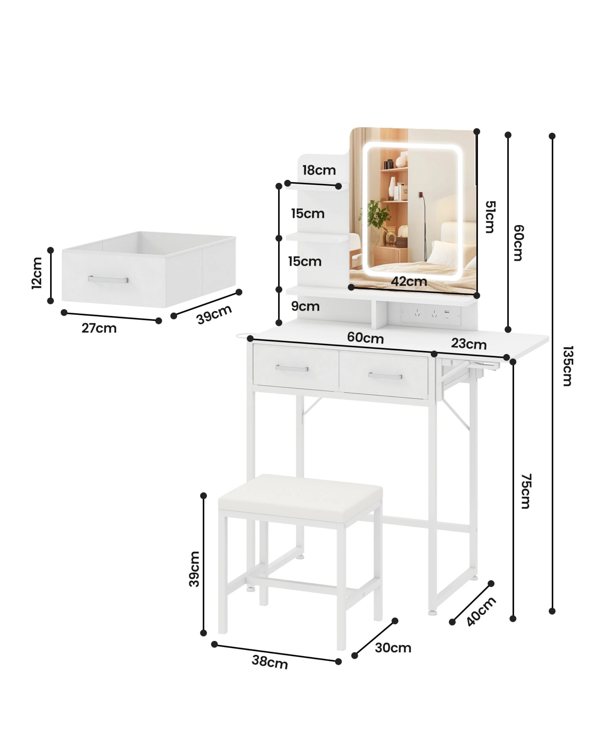 3 Advwin Dressing Table Set LED Light Charging Station Glass Cabinet Tabletop - White, 3 of 8