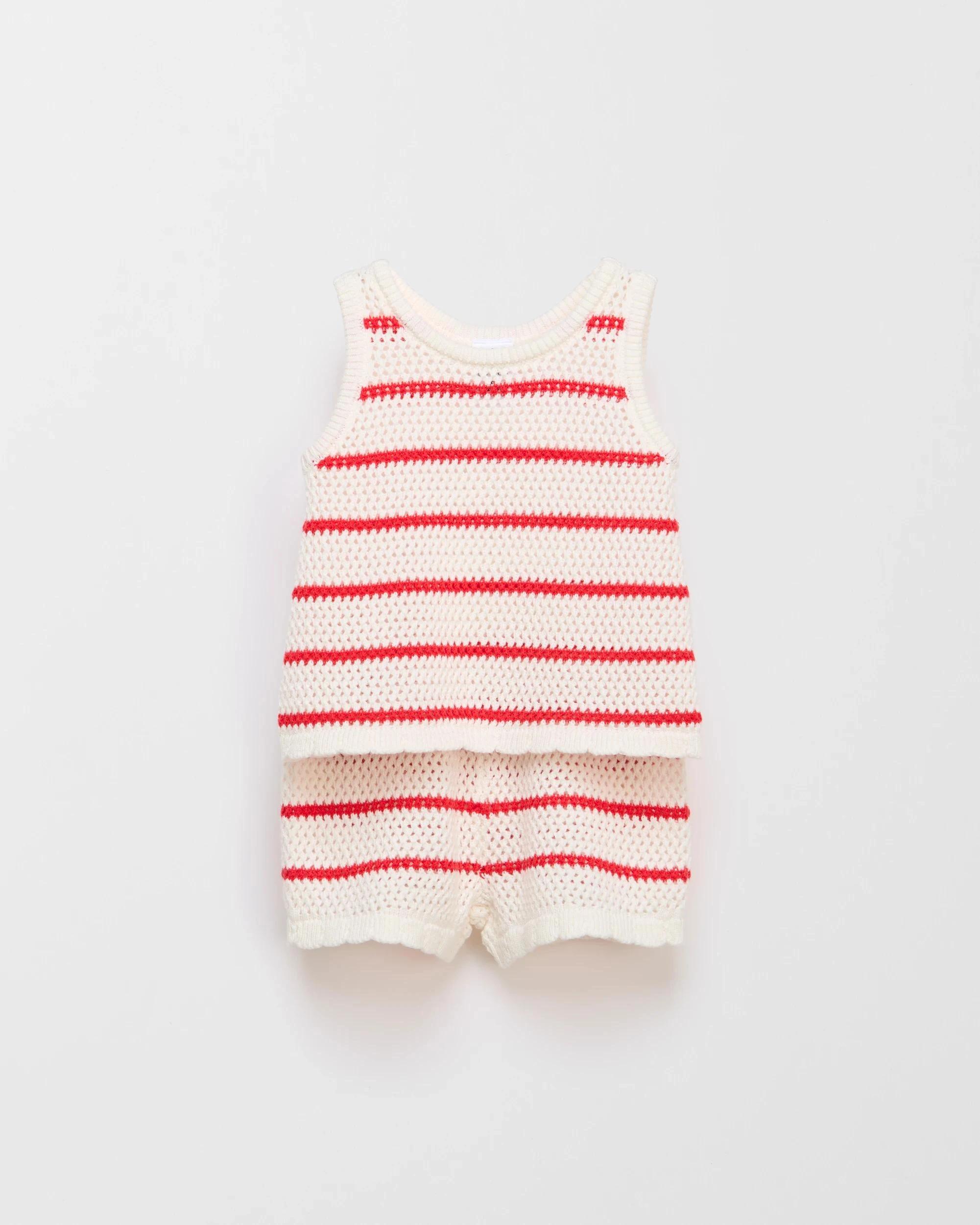 1 Target Organic Cotton Baby Crochet Top and Short 2 Piece Set RED/CREAM STRIPE, 1 of 3