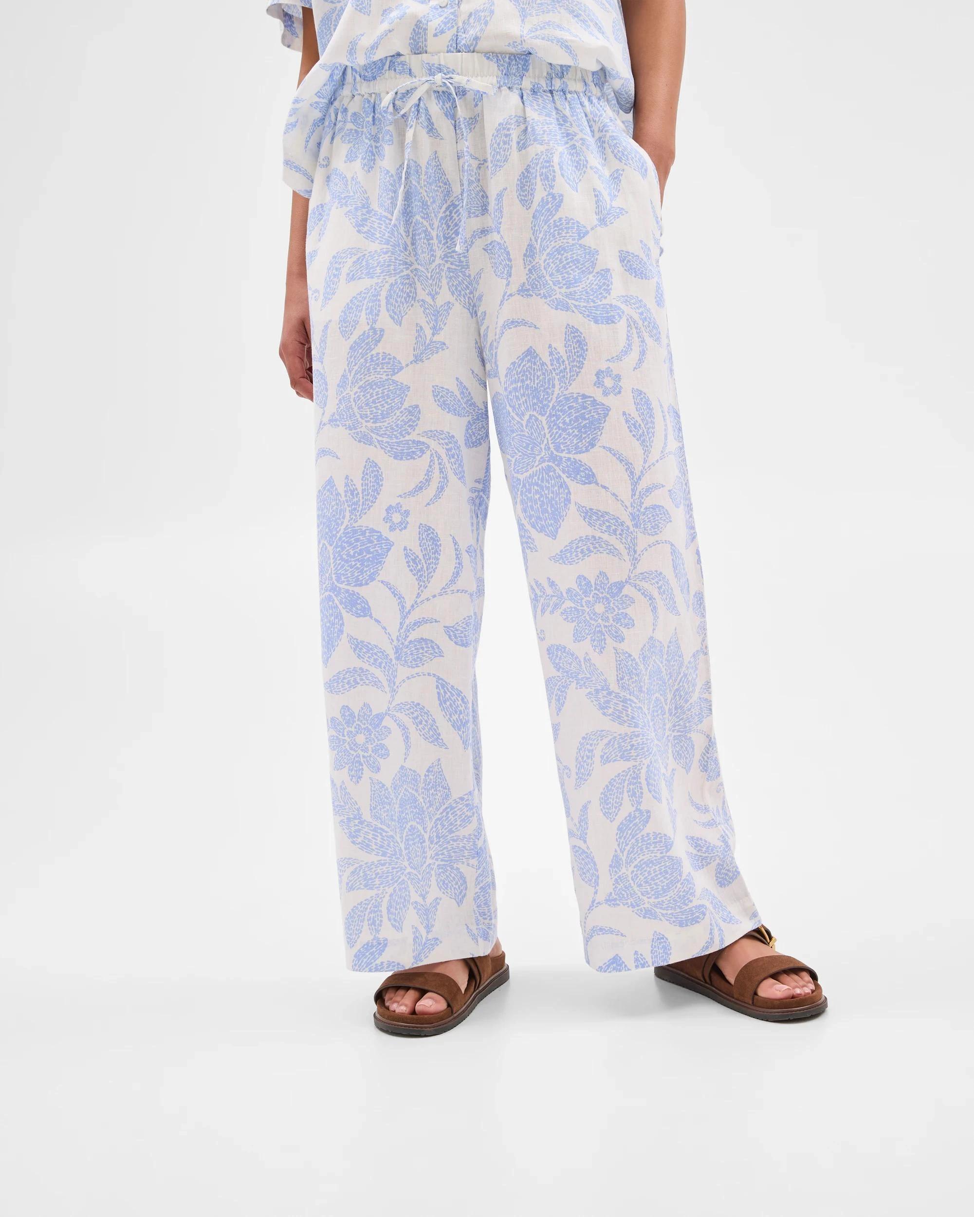 2 Target European Linen Wide Leg Pants BLUE/WHITE PRINT, 2 of 6