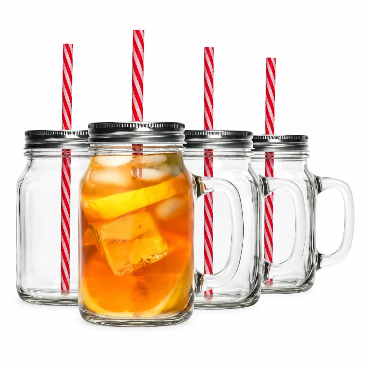 1 Rink Drink 4 Piece Glass Drinking Jars Set with Lid and Straw with Handle-  620ml, 1 of 7