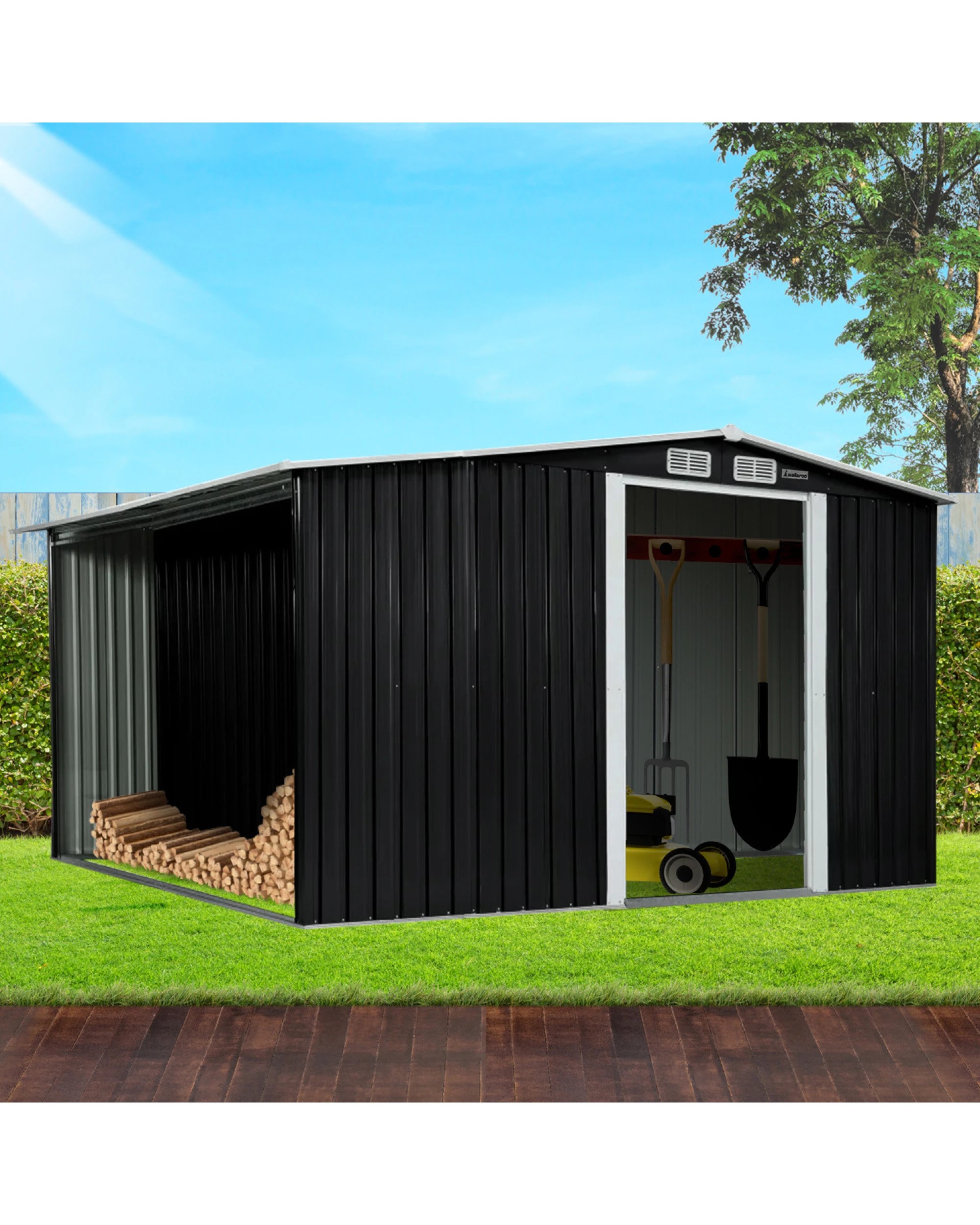 5 Wallaroo 10ft x 8ft Garden Shed with Semi-Closed Storage Tool Shelter Sloped Roof - Black, 5 of 9