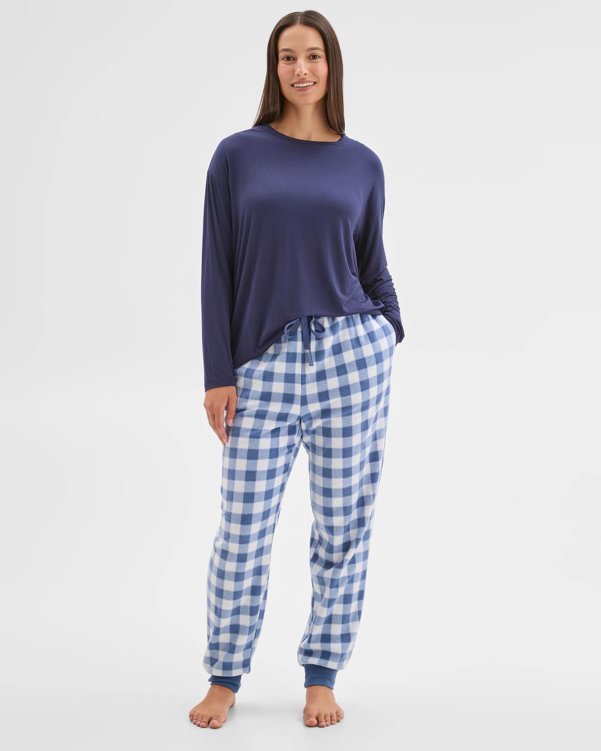 1 Target Woman Fleece Sleep Pyjama Jogger Pants GINGHAM BLUE, 1 of 7
