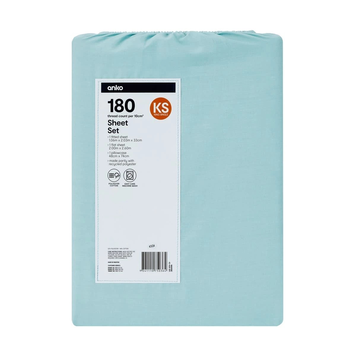 7 180 Thread Count Sheet Set - King Single Bed, Marine, 7 of 7