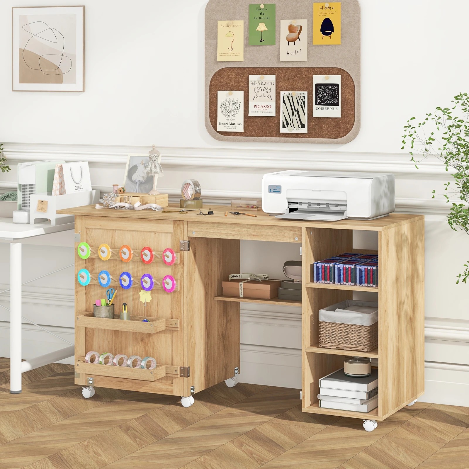 1 Costway Folding Sewing Table w/Rattan Door Multipurpose Craft Station - Natural, 1 of 2