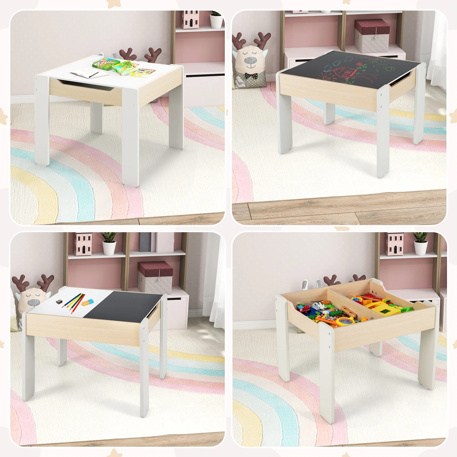 2 Costway 4-in-1 Kids Table Chair Set Wooden Activity Desk - White, 2 of 7