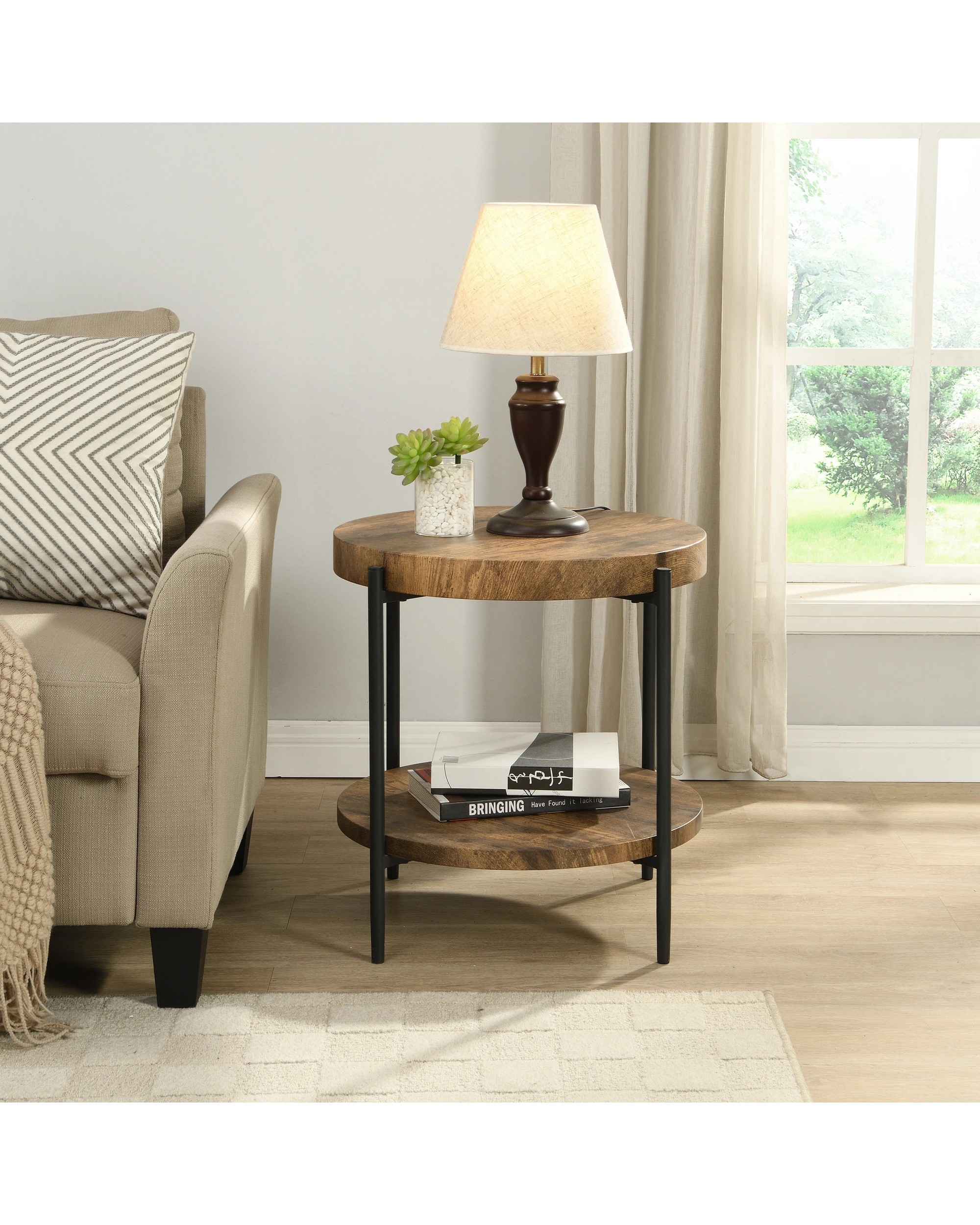 3 IHOMDEC 2 Tier MDF Steel Round Side Table, 3 of 5
