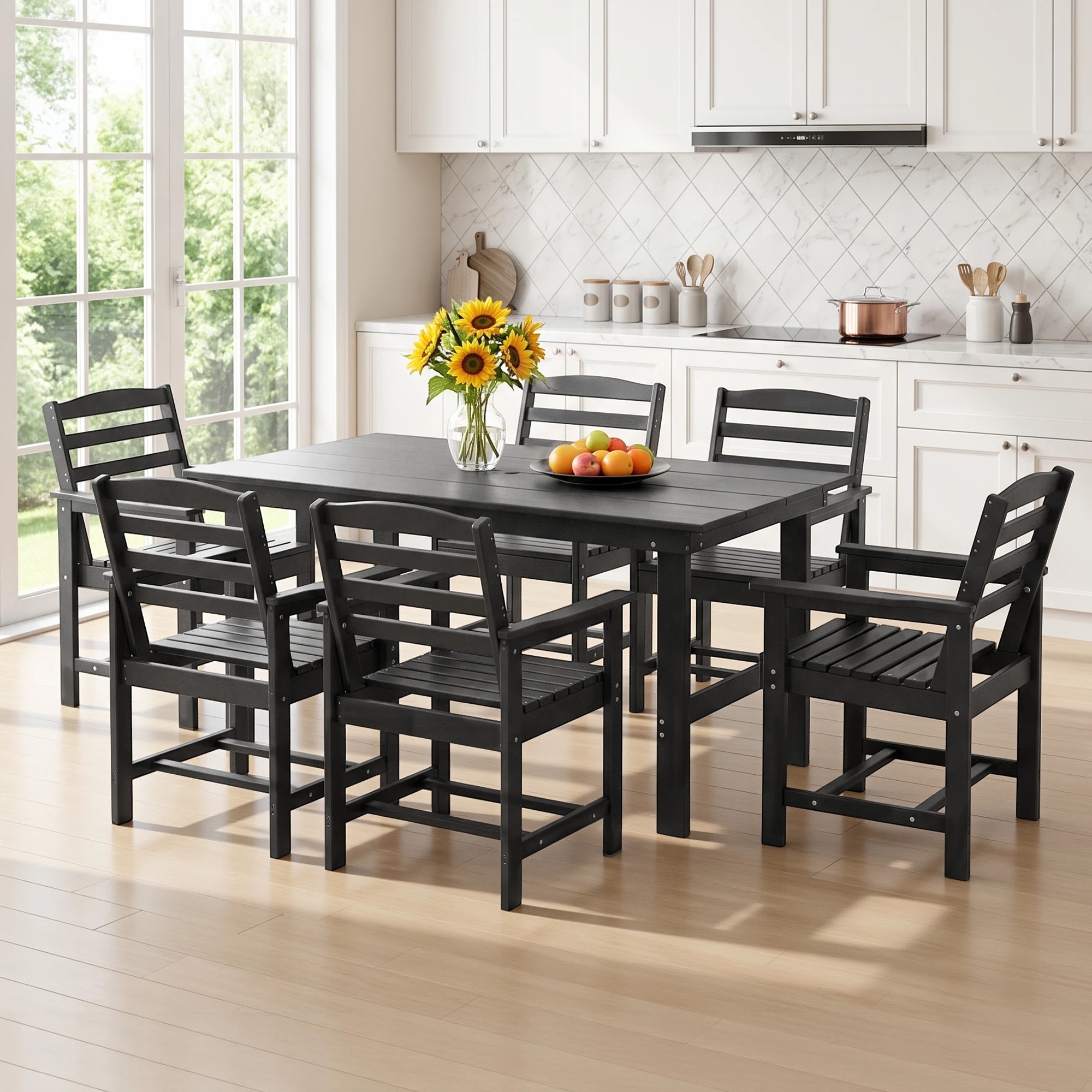 10 Gardeon 7 Piece Outdoor Dining Set Patio HDPE Table and Chairs Garden Furniture - Black, 10 of 10