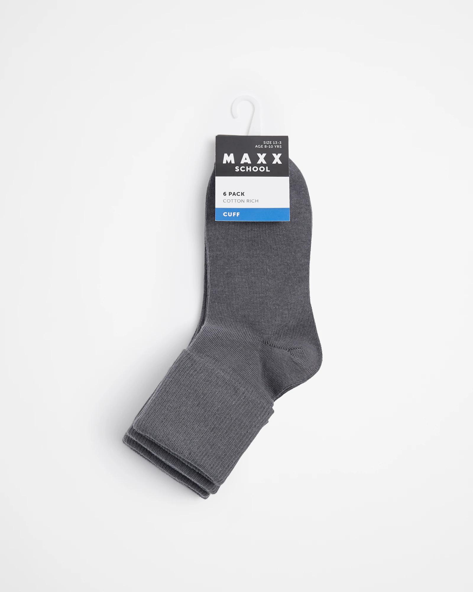 3 Kids Maxx School Cuffed Socks 6 Pack GREY, 3 of 3