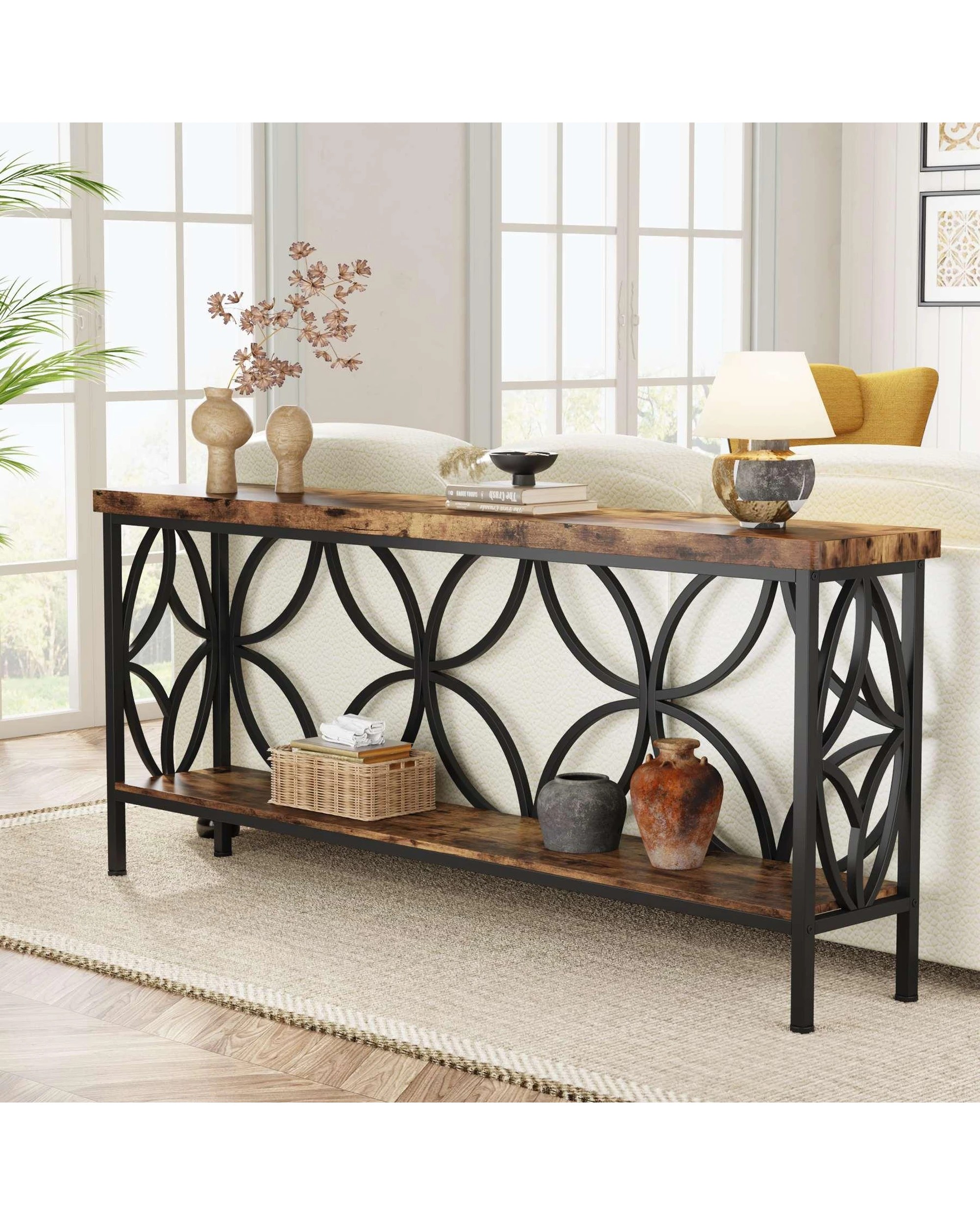 4 OAKORY 180cm Retro Console Table, Hallway Table with Rustic Brown Shelves & Black Metal Frame, 4 of 8