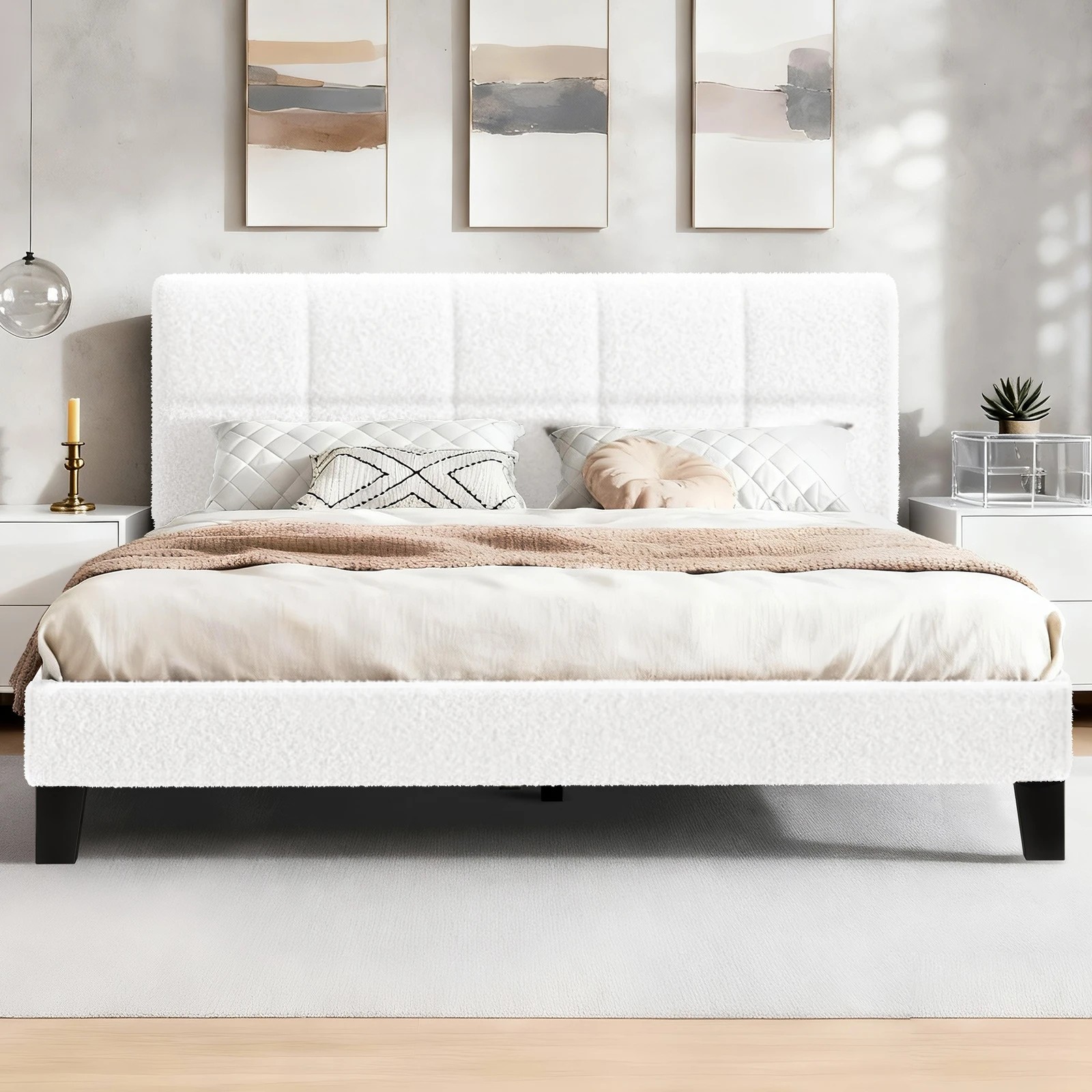 2 Alfordson Bed Frame Double Size Wooden Slats Platform Boucle Paula - White, 2 of 9