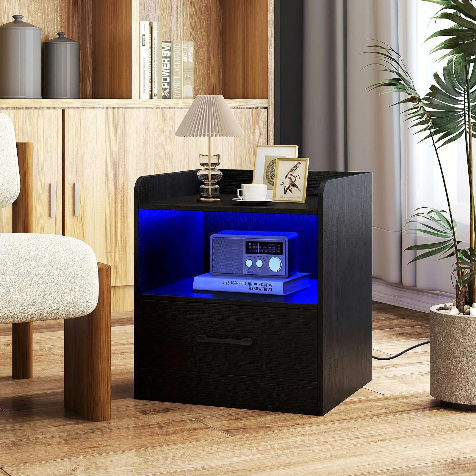 2 Costway Modern Nightstand Bedside Table w/Drawer & Colorful Light Strip, 2 of 4