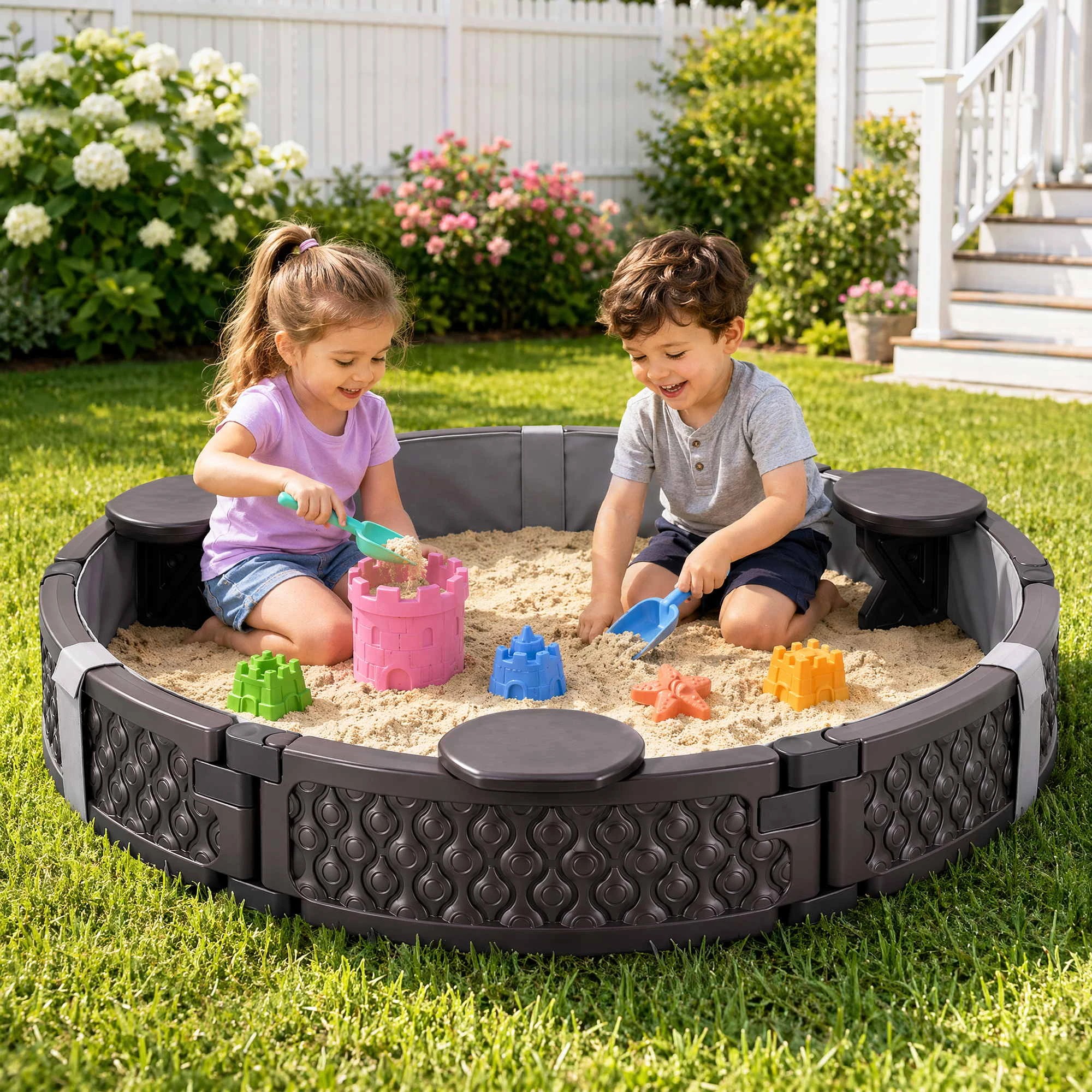 3 Kids Round Sandpit 121cm With 3 Seats Cover And Bottom Liner - Brown, 3 of 8