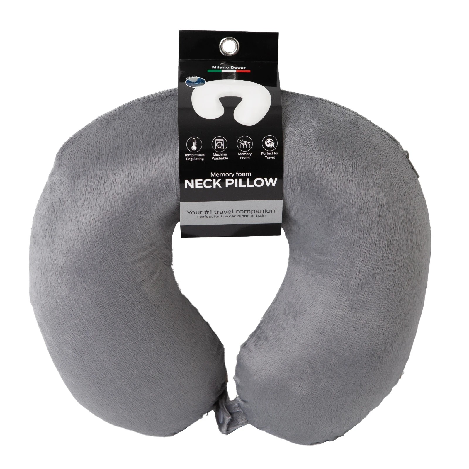 1 Milano Décor Memory Foam Travel Neck Pillow With Clip Cushion Support Soft - Grey, 1 of 7