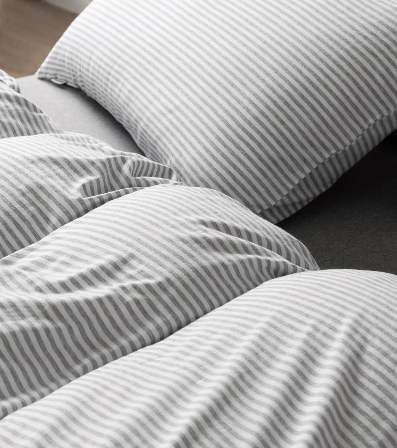 2 Gioia Casa Jersey Cotton Quilt Cover Set Soft Breathable Stretchy - Single Bed - Grey Stripe, 2 of 5