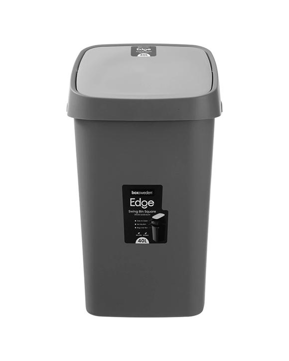Boxsweden Edge Swing Easy Clean Rubbish Bin No Drip Rim Square 40L - Charcoal
