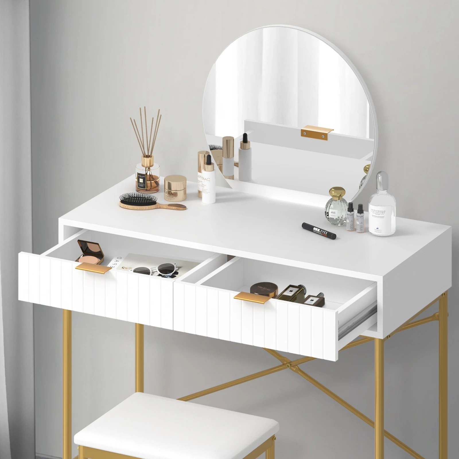 4 Oikiture Dressing Table Stool Set With Mirror Vanity Makeup Desk 2 Drawers
 - White, 4 of 9