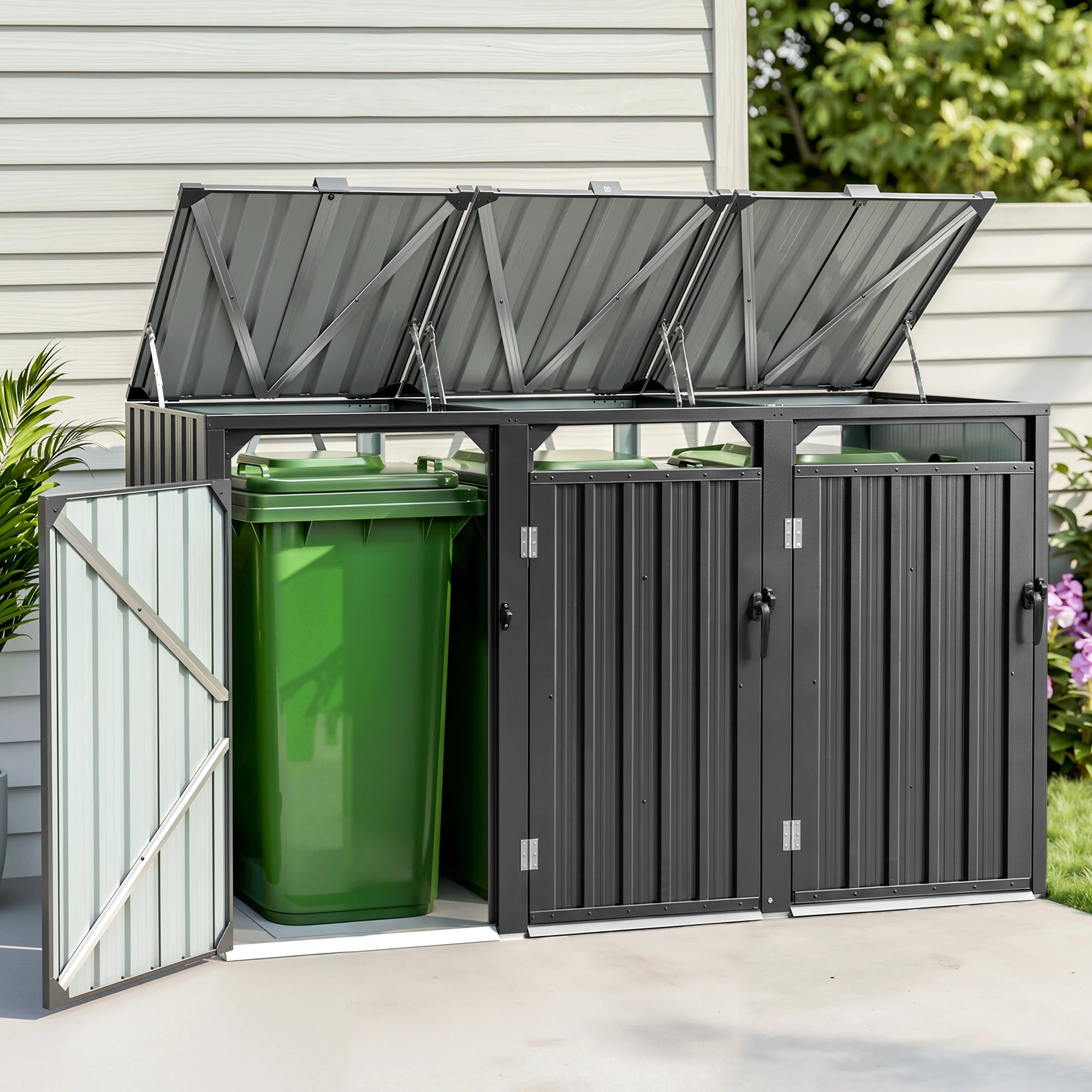 2 Giantz Bin Shed Triple Wheelie Waste Bins Storage Steel Garden Enclosure - Black, 2 of 8