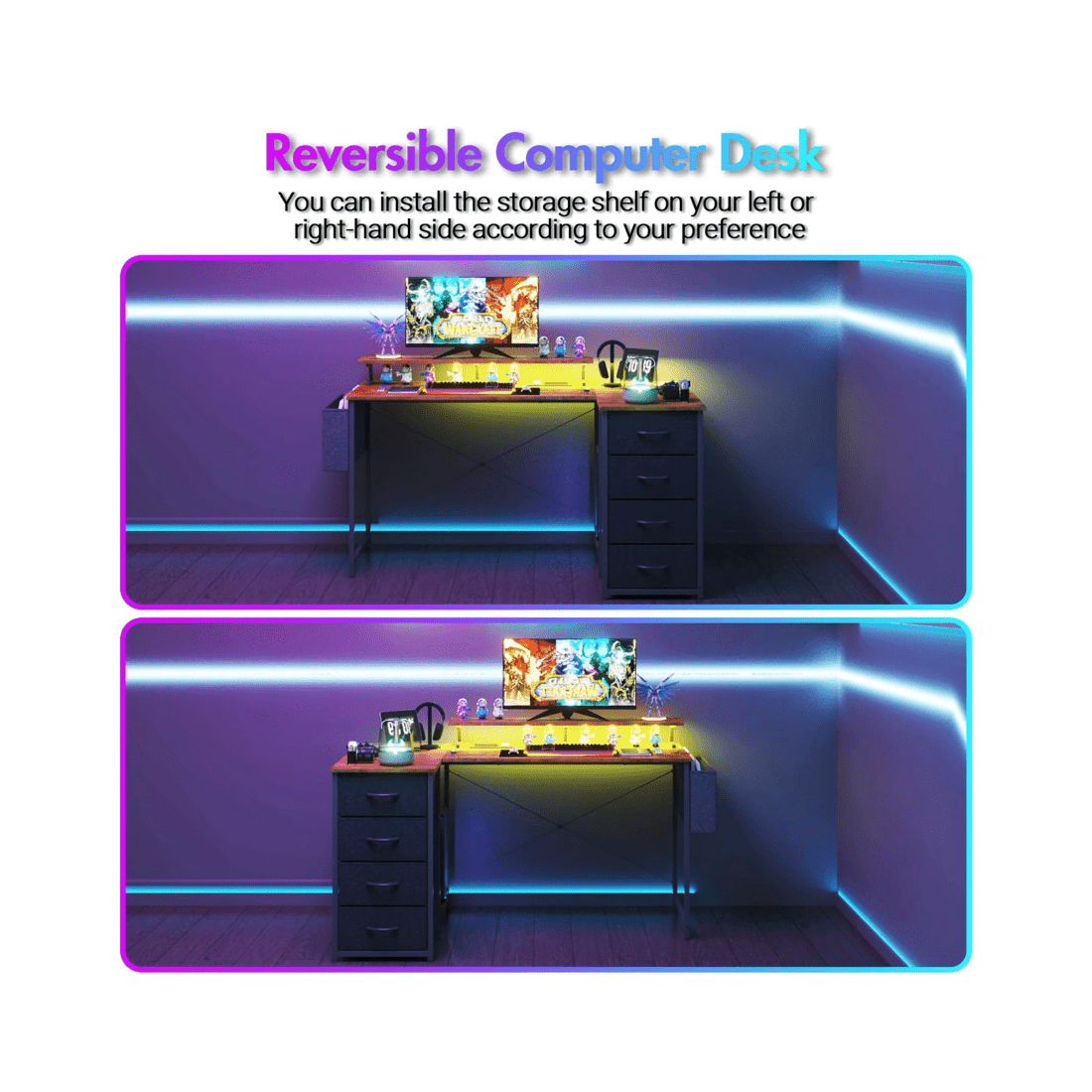 6 Advwin 160cm L Shaped Gaming Desk With Led Lights & Power Outlets Convertible Computer Desk Walnut, 6 of 10