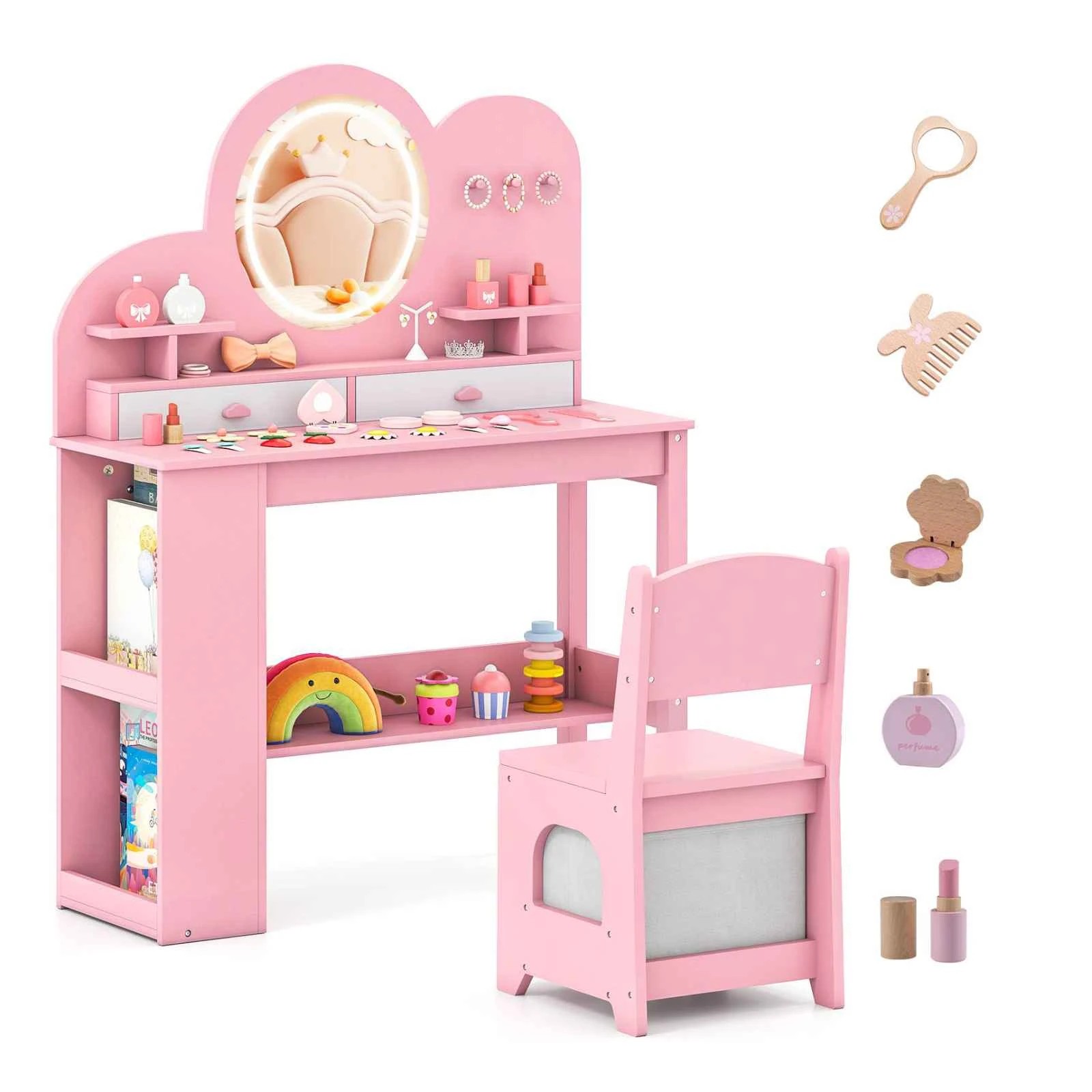 1 Costway Vanity Table & Chair Set Makeup Dressing Table Bookshelf - Pink, 1 of 2