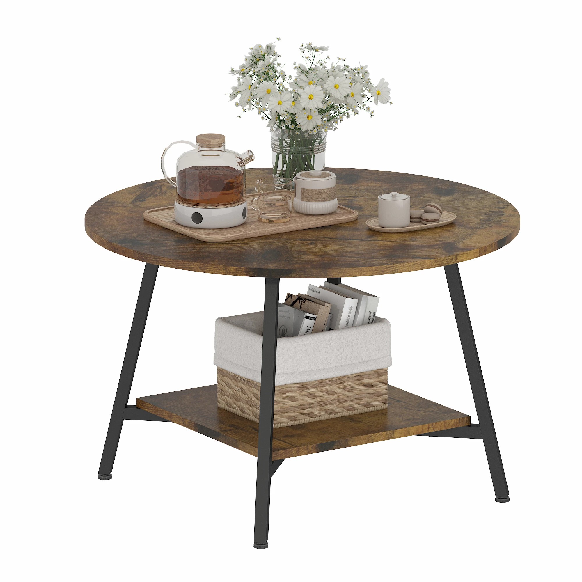 6 Advwin 73cm Round Coffee Table w/ Open Shelf - Brown, 6 of 9