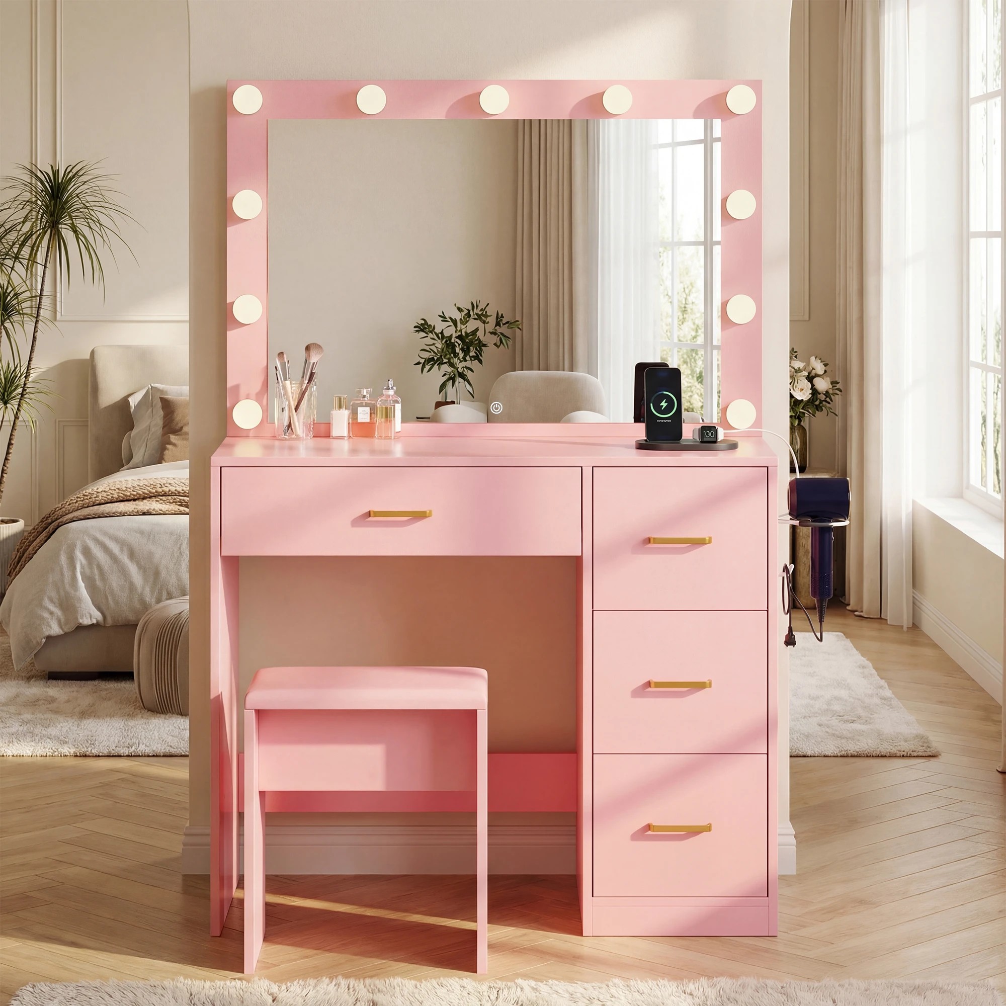 8 Advwin Makeup Vanity Desk with Mirror and 11 Light Bulbs Charging Station - Pink, 8 of 9