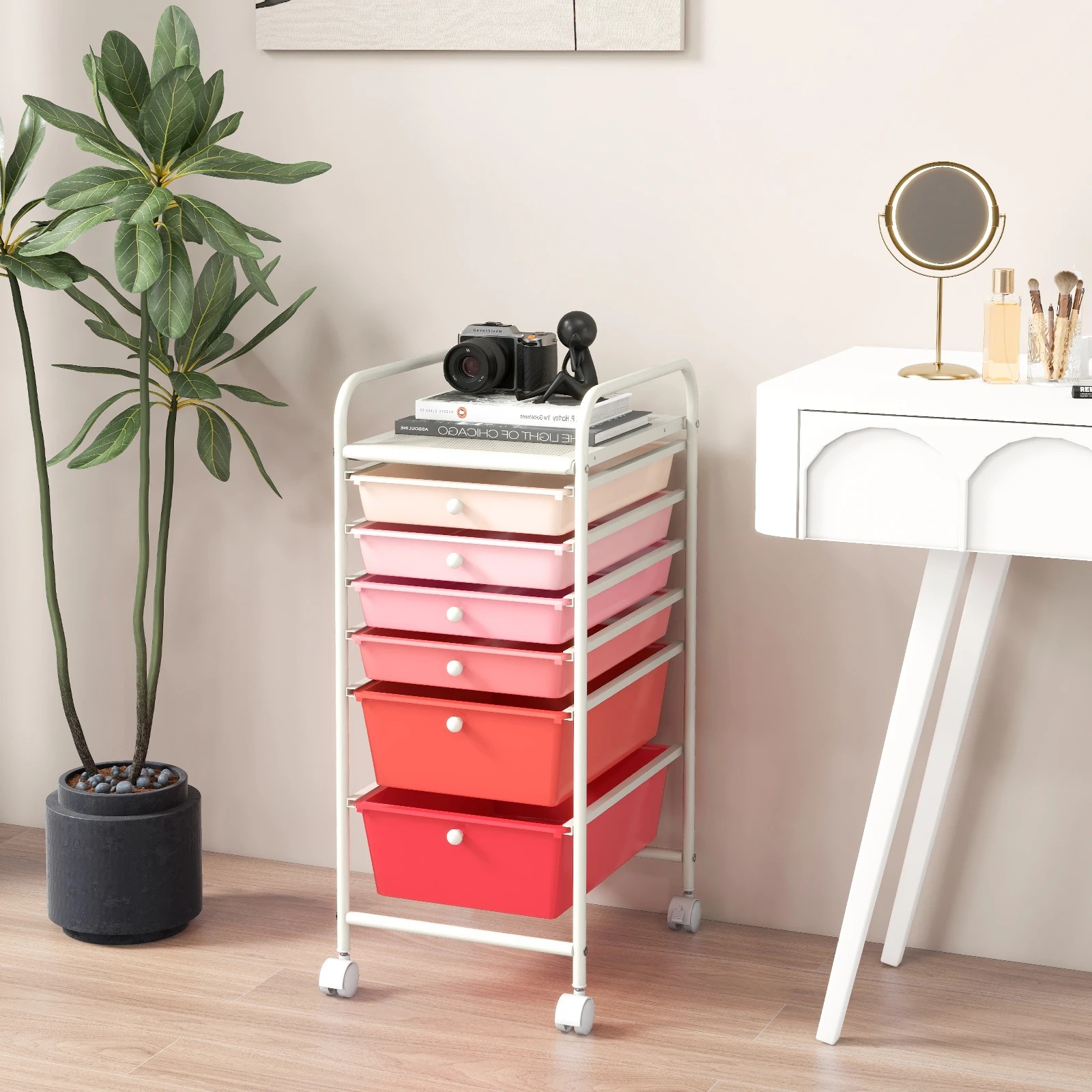3 Costway 6 Drawers Rolling Storage Cart Mobile Utility Trolley - Pink, 3 of 7
