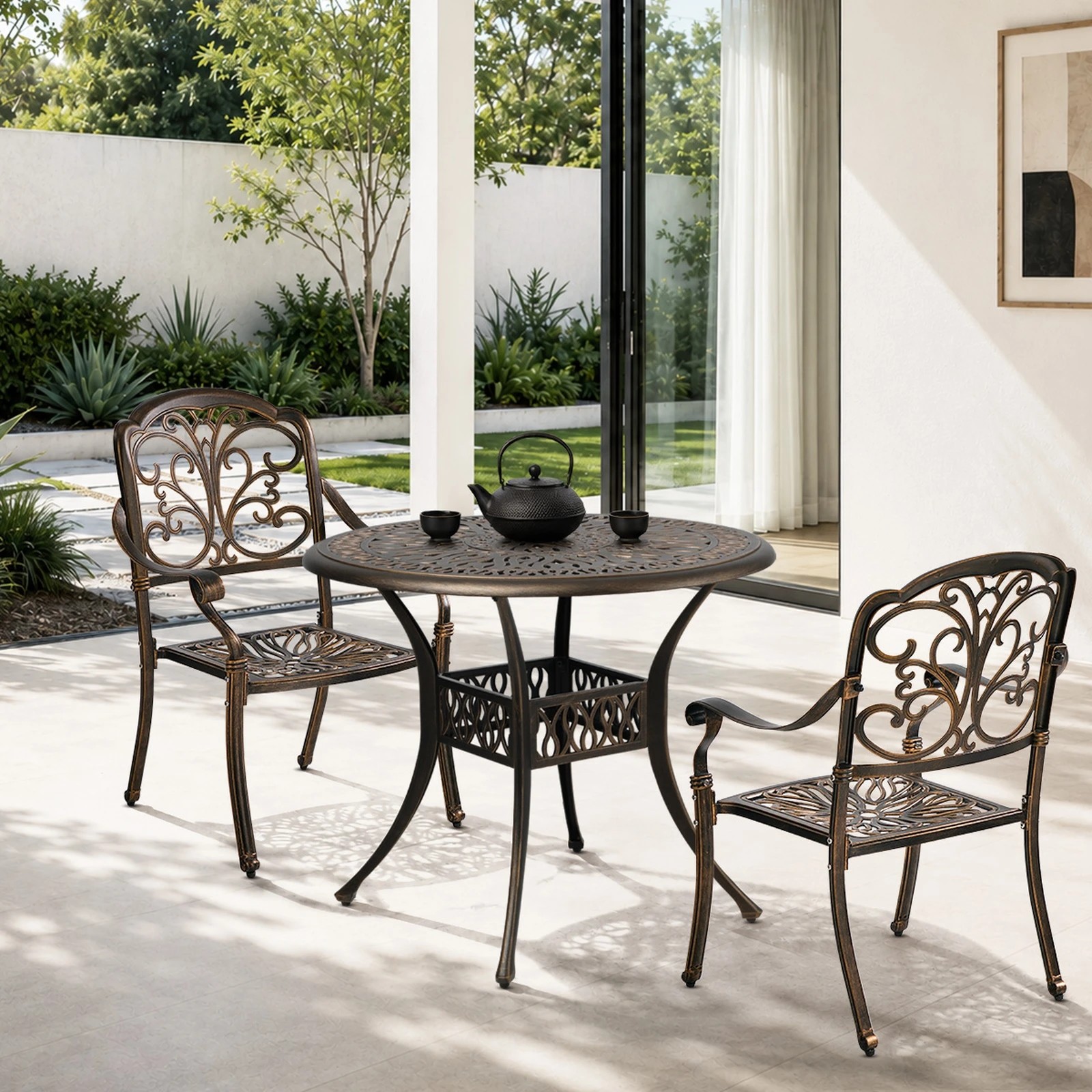 4 Livsip 3 Piece Outdoor Dining Set Table Chairs Patio Bistro Cast Aluminium - Bronze, 4 of 7