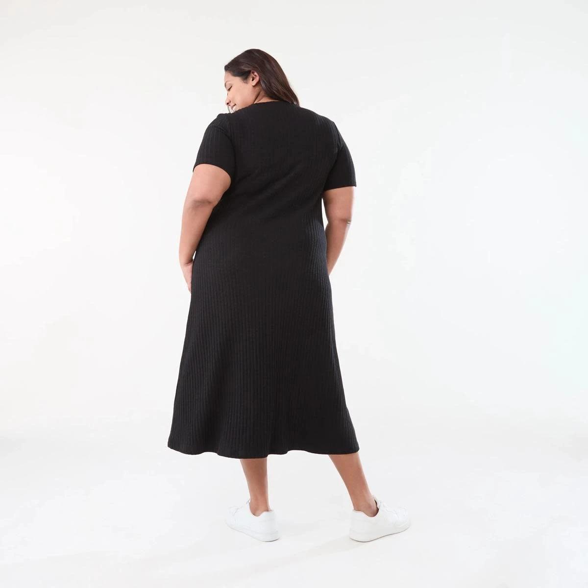 3 Curve Short Sleeve Ribbed Midi Dress BLACK, 3 of 5