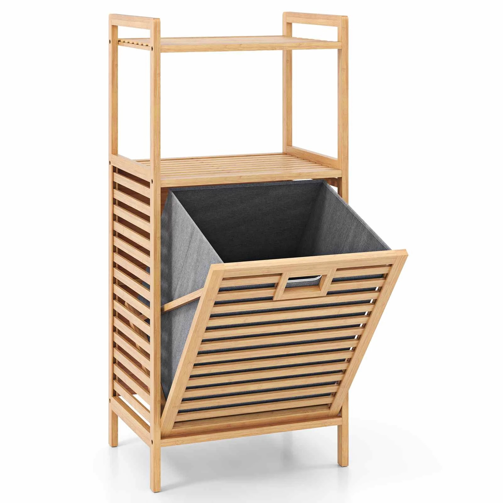 1 Costway Bamboo Laundry Cabinet Bathroom Storage Cupboard w/Tilt-Out Basket - Natural, 1 of 6