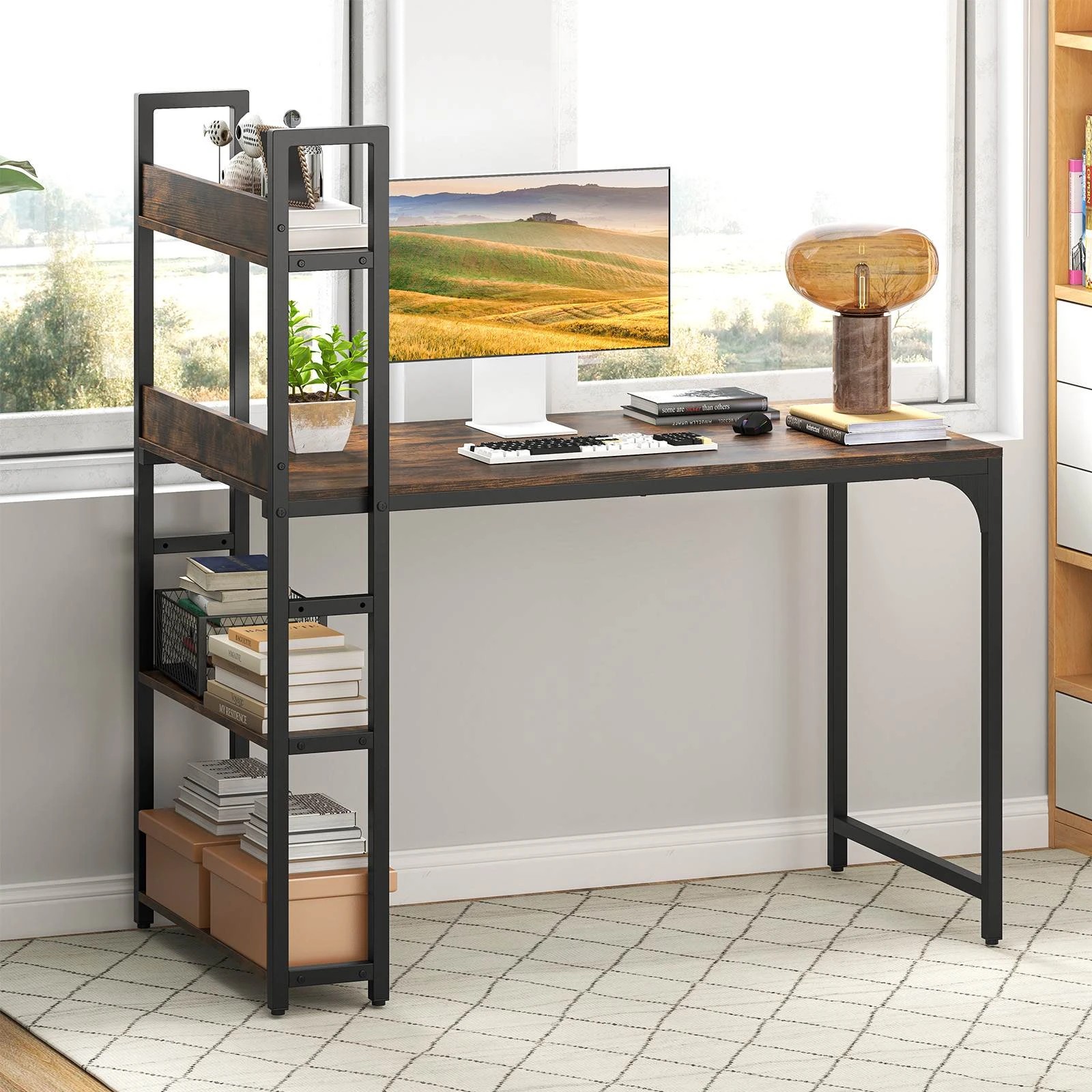 2 Costway 120 CM Computer Desk w/Power Strip Study Writing Desk Workstation - Brown, 2 of 3