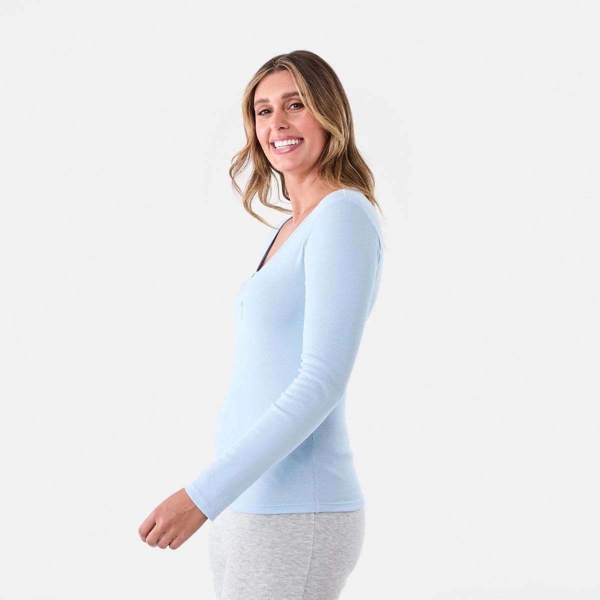 2 Long Sleeve Rib Henley Top Windy Blue, 2 of 6