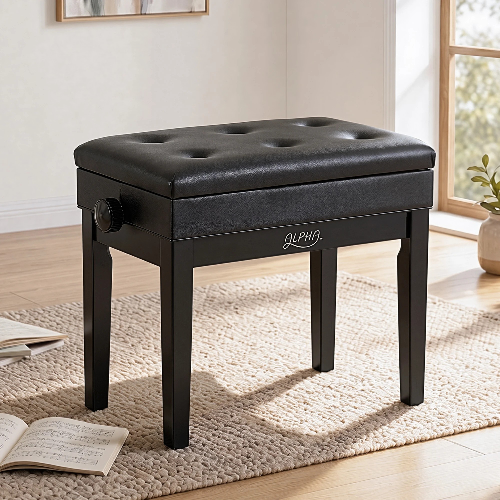 2 Alpha Adjustable Piano Bench Wooden Keyboard Seat Padded Music Chair - Black, 2 of 7