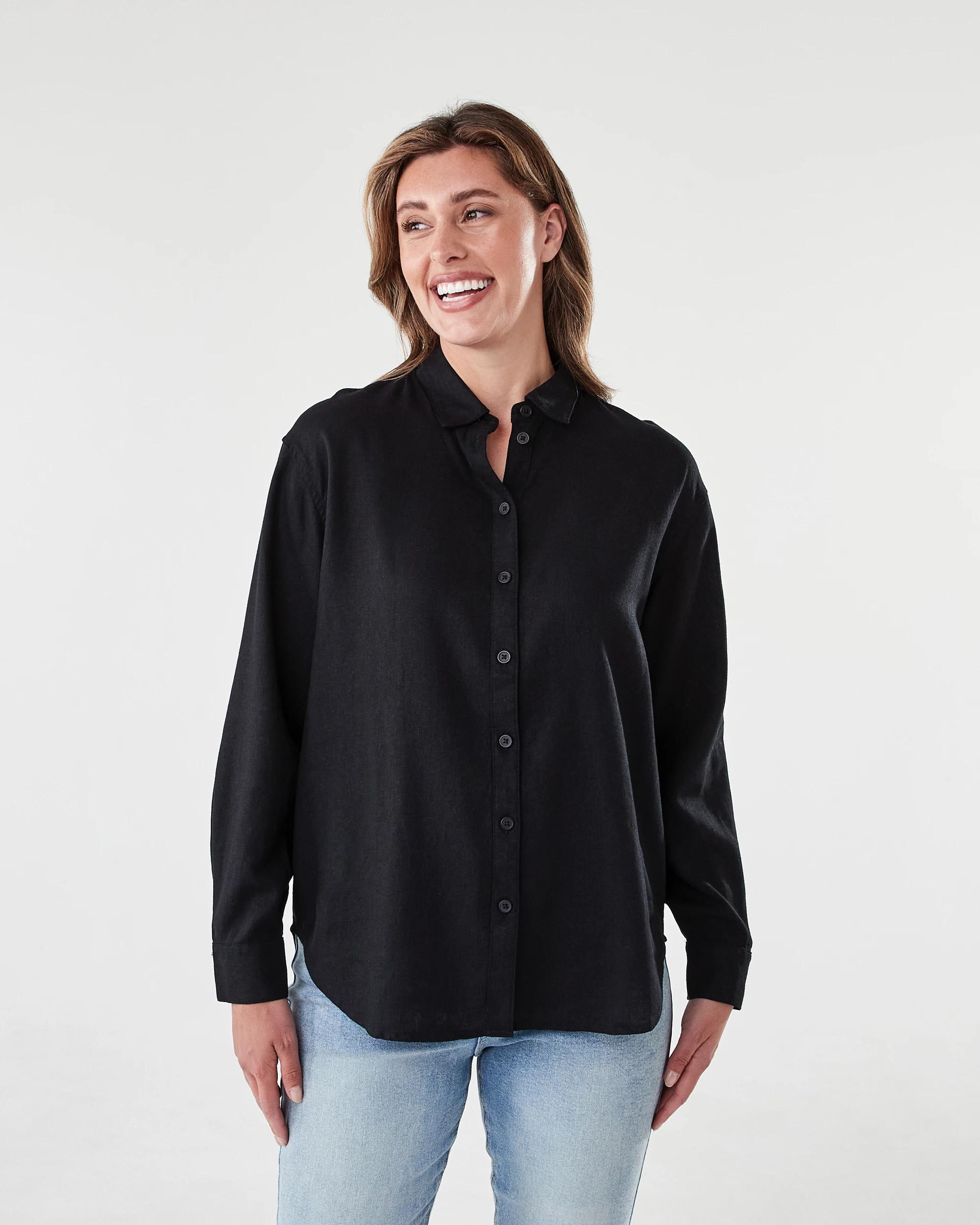 1 Long Sleeve Linen Blend Shirt Black, 1 of 6