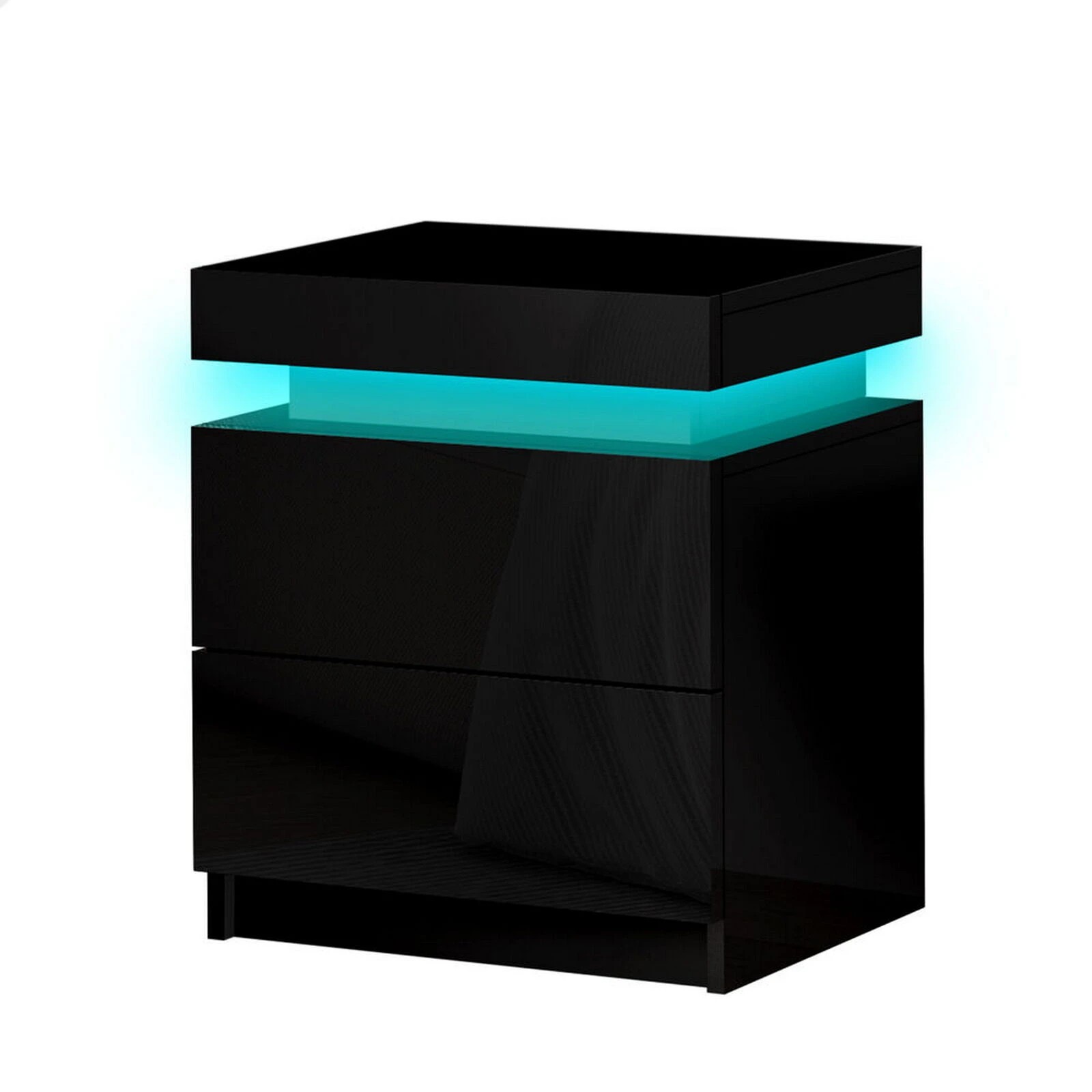 1 Alfordson Bedside Table RGB LED Nightstand 2 Drawers 4 Side High Gloss - Black, 1 of 10