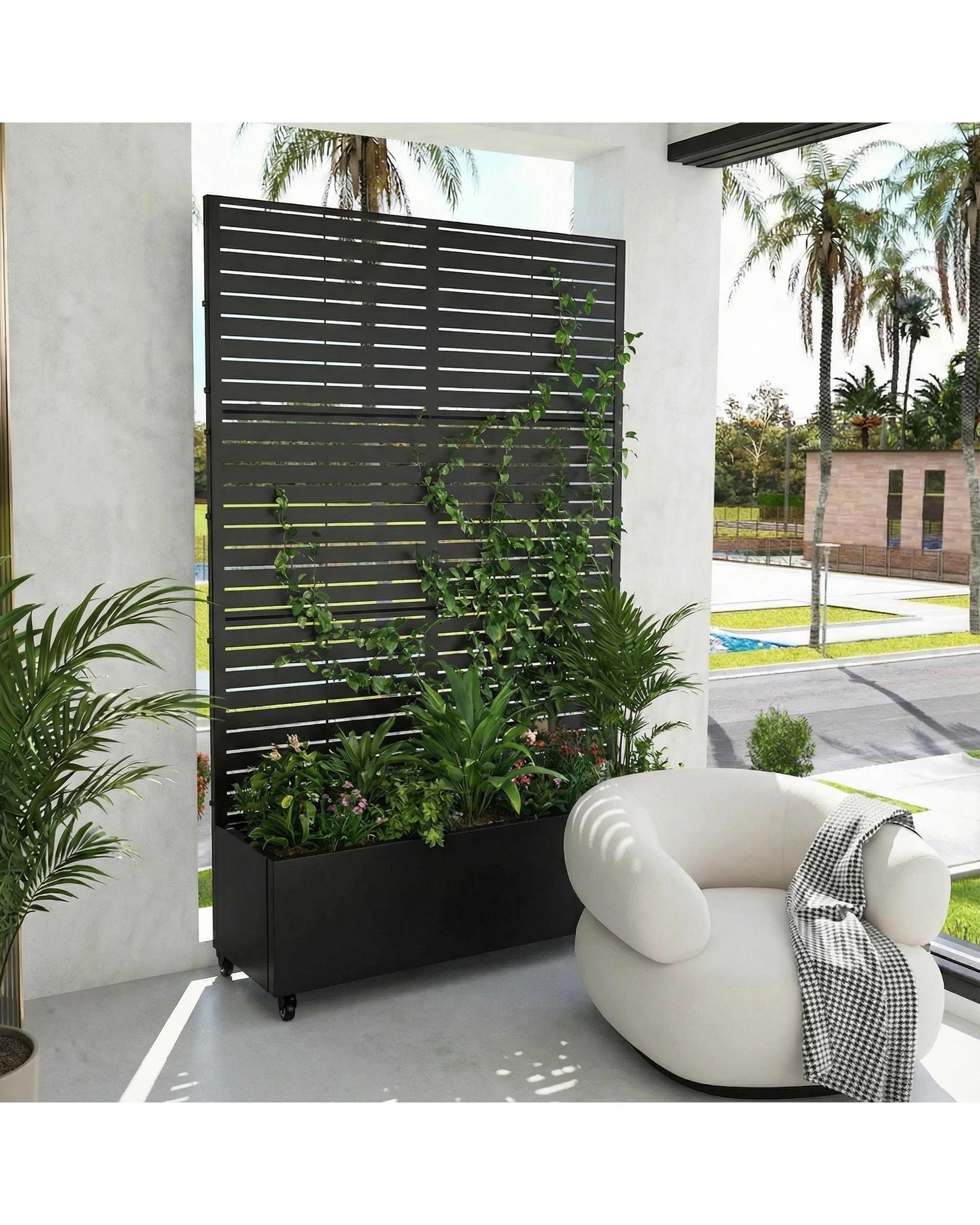 4 OAKORY 180cm Metal Planter Box with Privacy Screen and Lockable Wheels, Drainage Hole, Raised Garden Bed Classic - Black, 4 of 5