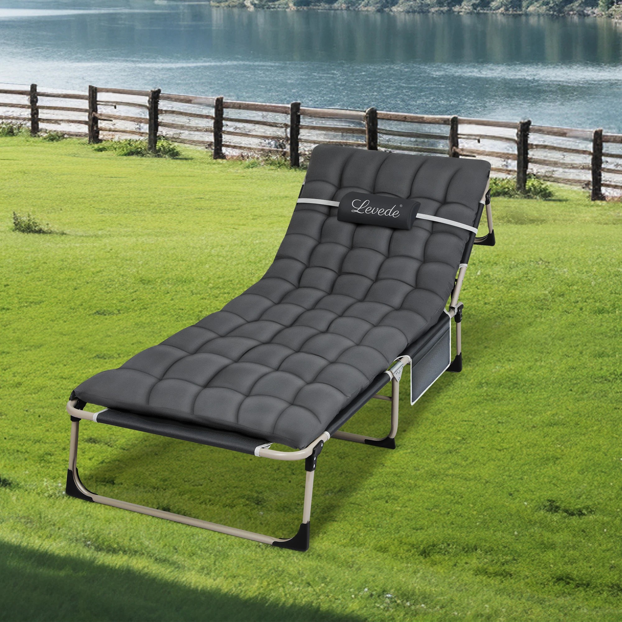 7 Levede Folding Bed 4 Positions Adjustable Portable Lounge - Grey, 7 of 9