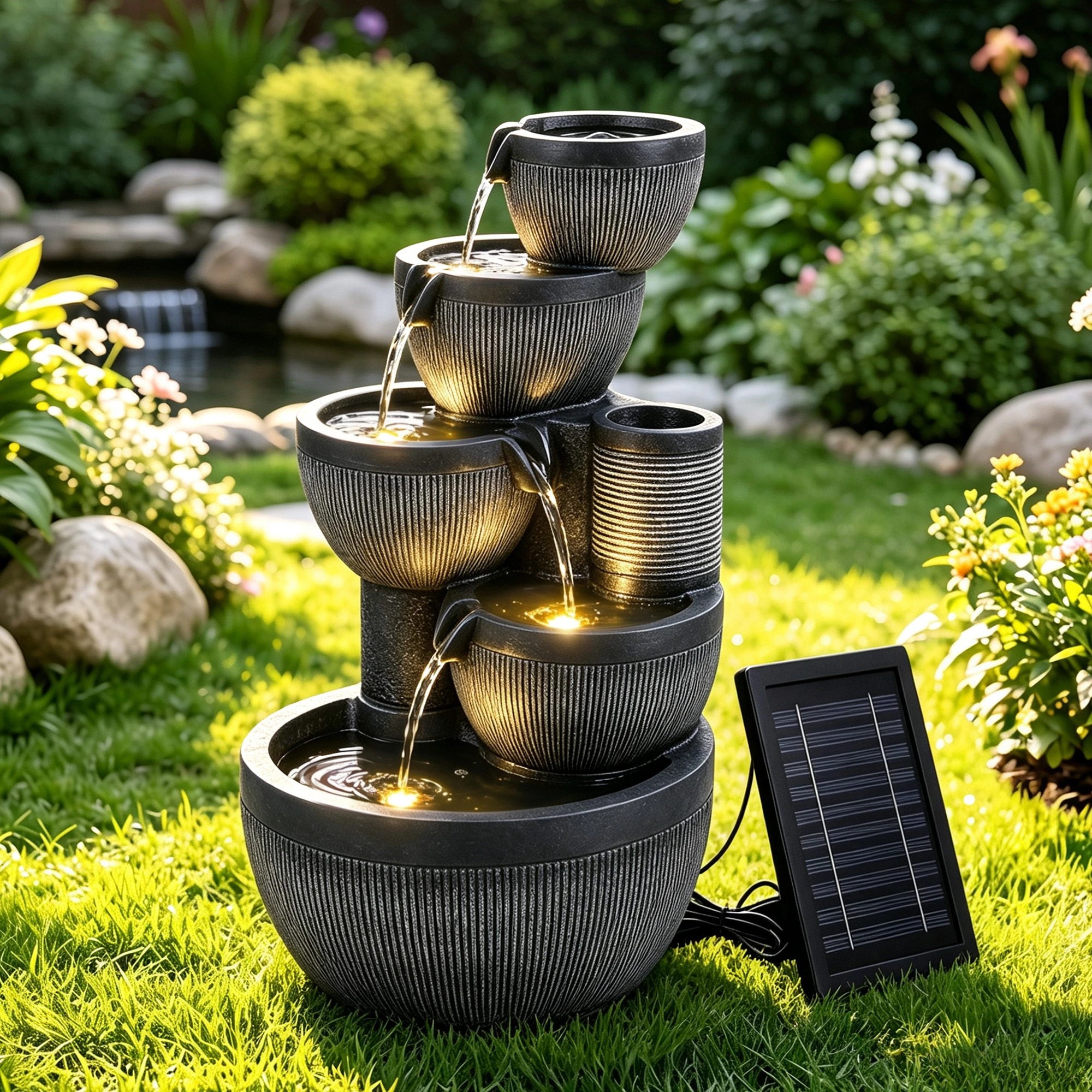 2 Gardeon Solar Fountain Water Feature 5-Tier Cascading Bowl 51cm - Grey, 2 of 9