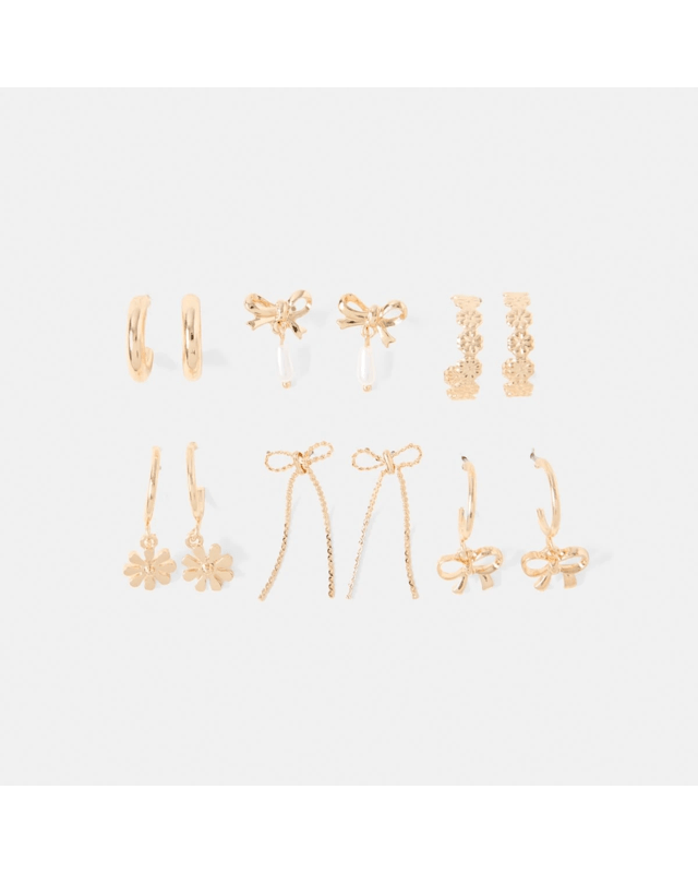 6 Pack Bow, Flower and Faux Pearl Earrings - Gold 