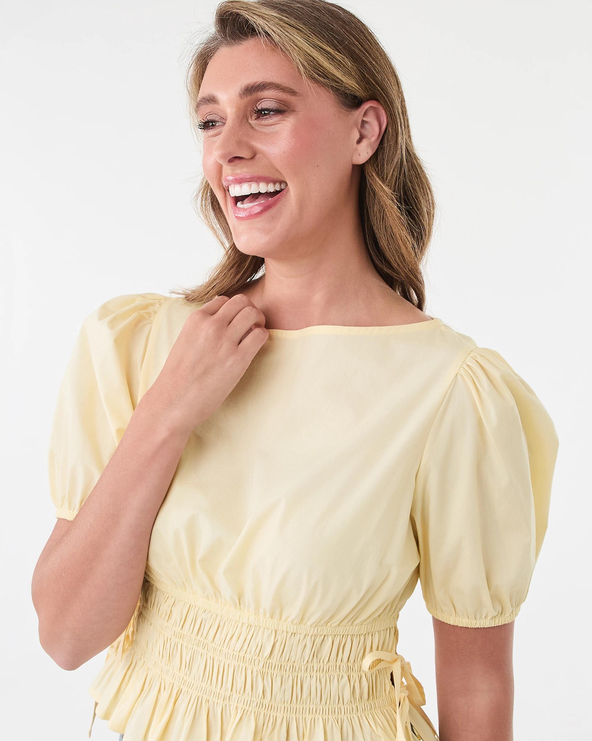 4 Short Sleeve Puff Sleeve Shirred Top Fln Yellow, 4 of 7