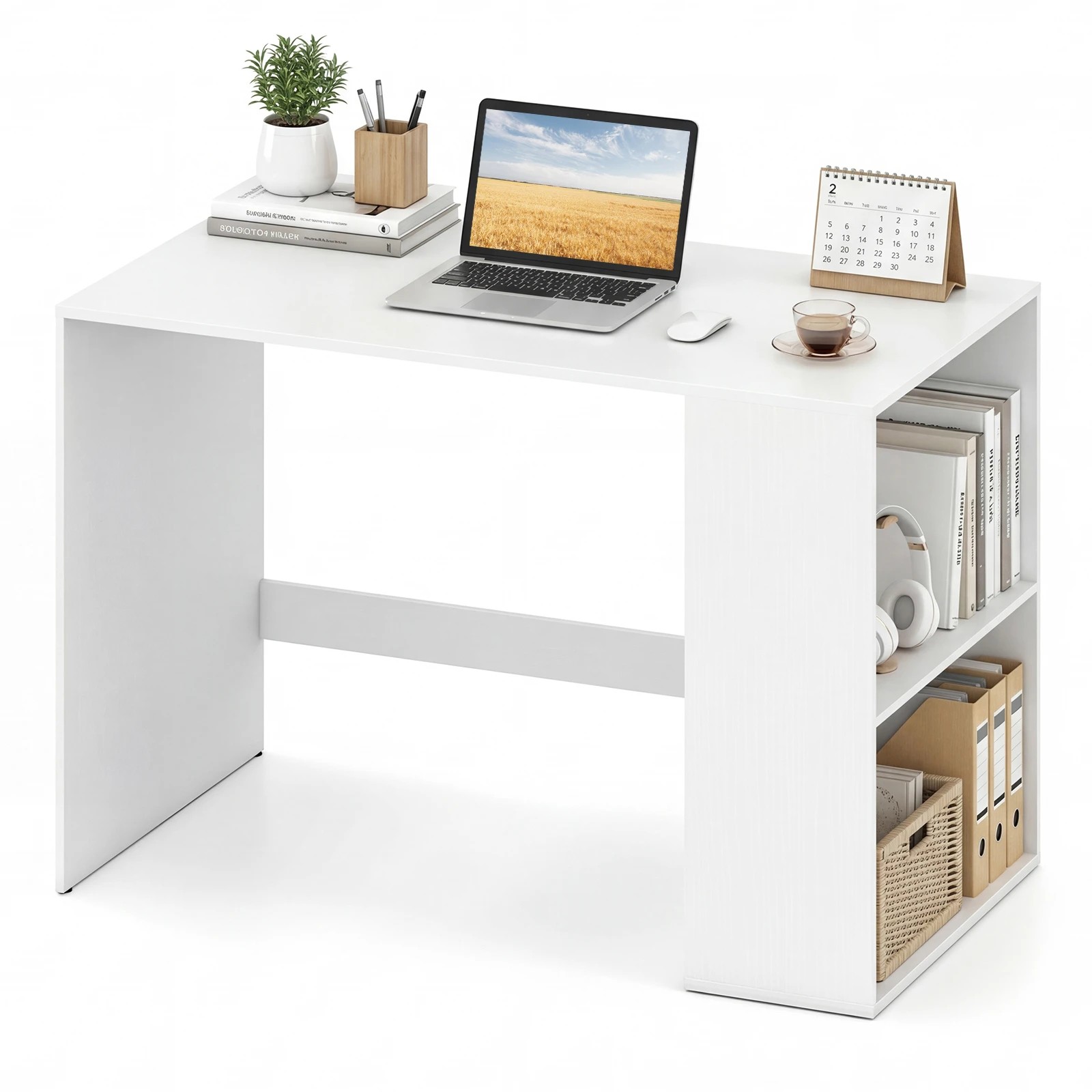 6 Costway 112cm Computer Desk w/2-Tier Bookshelf Study Writing Table - White, 6 of 6