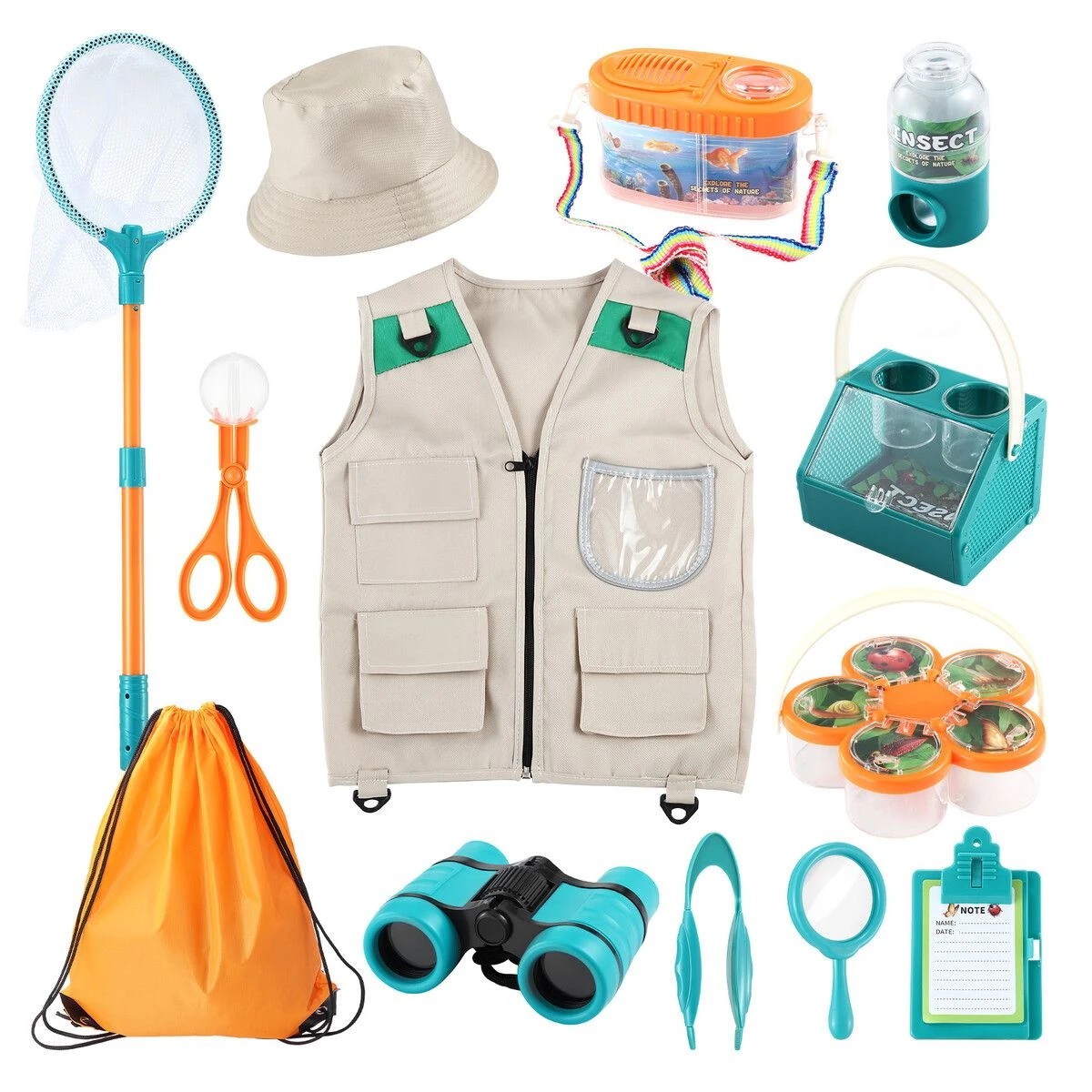 2 AUSWAY Kids Outdoor Explorer Kit Bug Catcher Binoculars Magnifying Glass Butterfly Net Safari Vest Hat Costume, 2 of 2