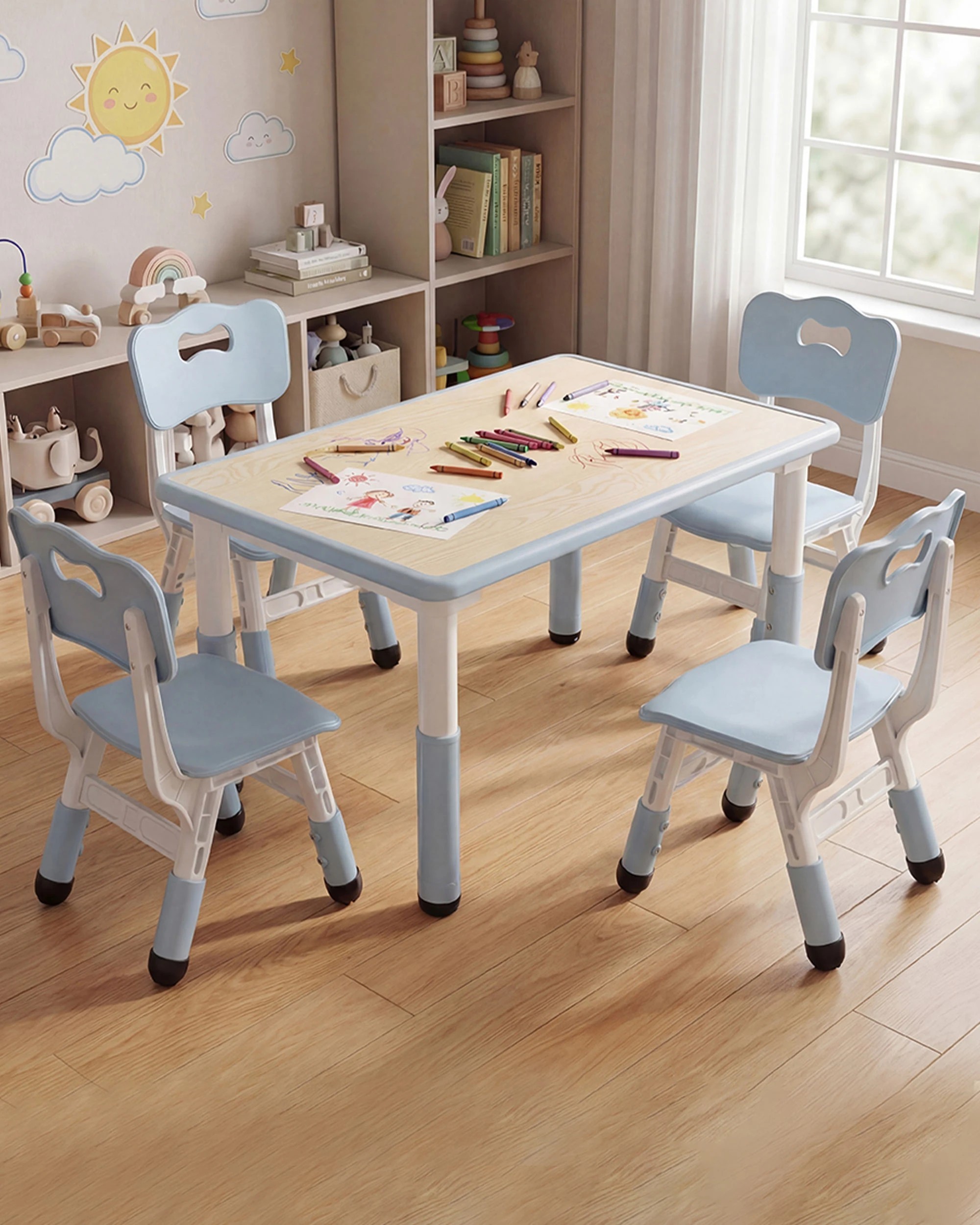 6 PlayPals Kids Table and 4 Chairs Set Height Adjustable Graffiti 120x60cm Blue, 6 of 6