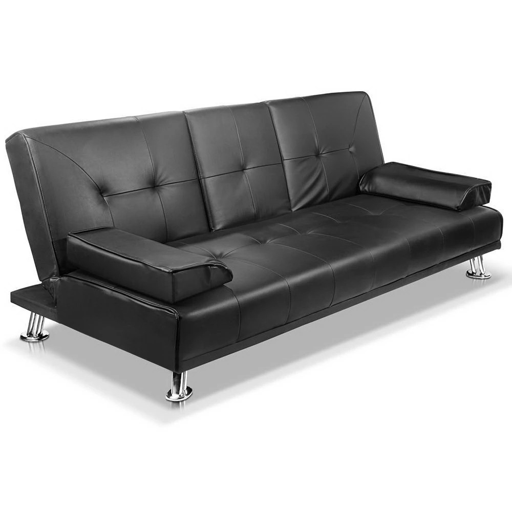 1 Artiss Sofa Bed Couch 188CM  PU Leather - Black, 1 of 7