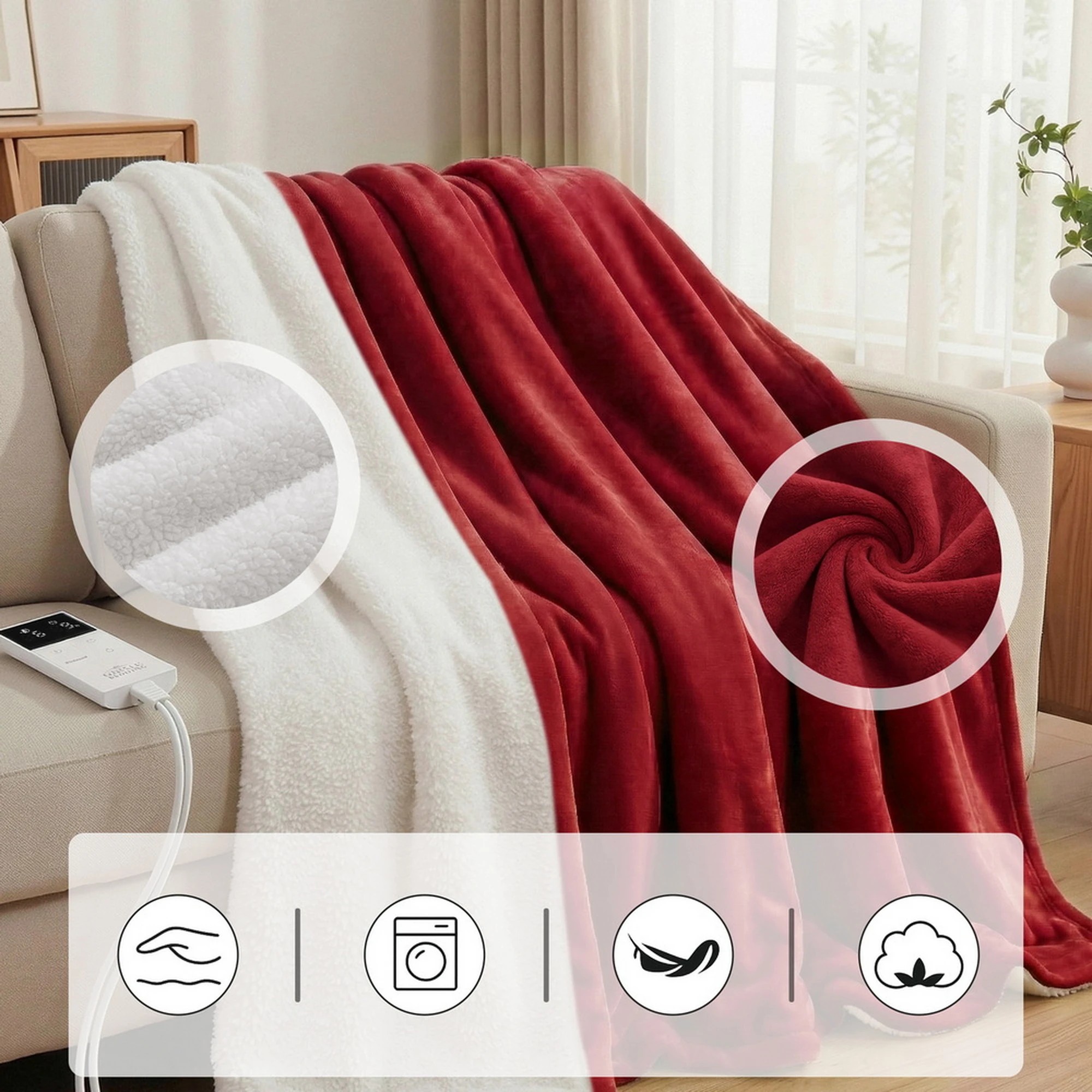 8 Giselle Bedding Giselle Electric Throw Rug Dual Side Fleece Flannel Heated Blanket - Burgundy, 8 of 10