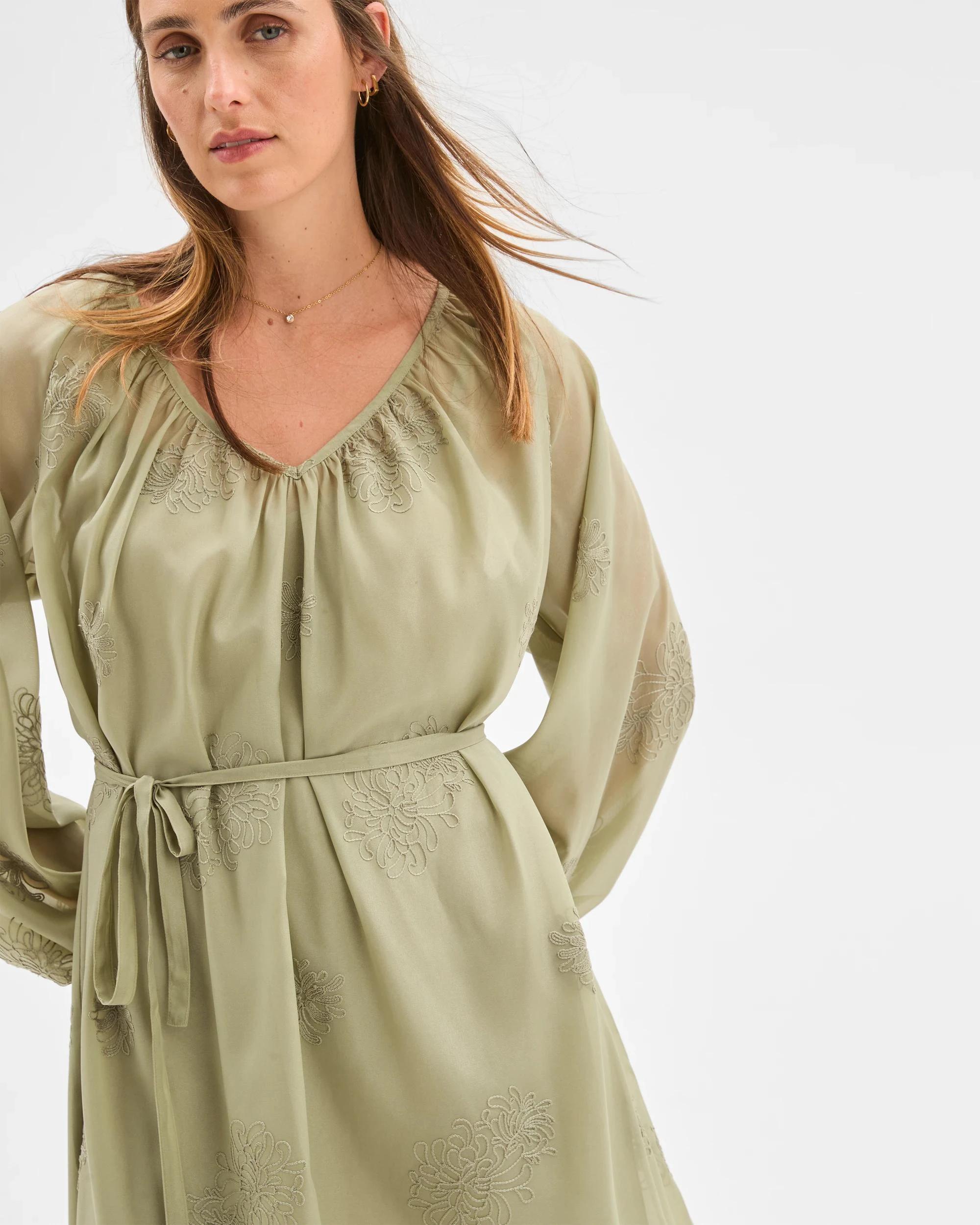 4 Preview Long Sleeve Embroidered Detail Mini Dress MOSS, 4 of 6