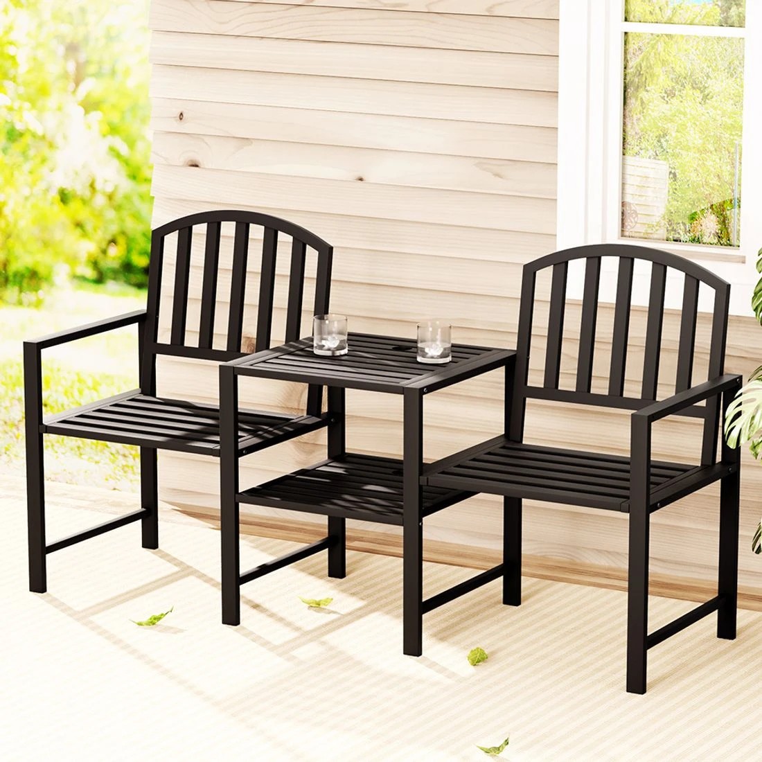 3 Gardeon Steel Metal Outdoor Loveseat Bench Chairs with Table Weather Resistant Patio Seating Smooth Finish - black, 3 of 7